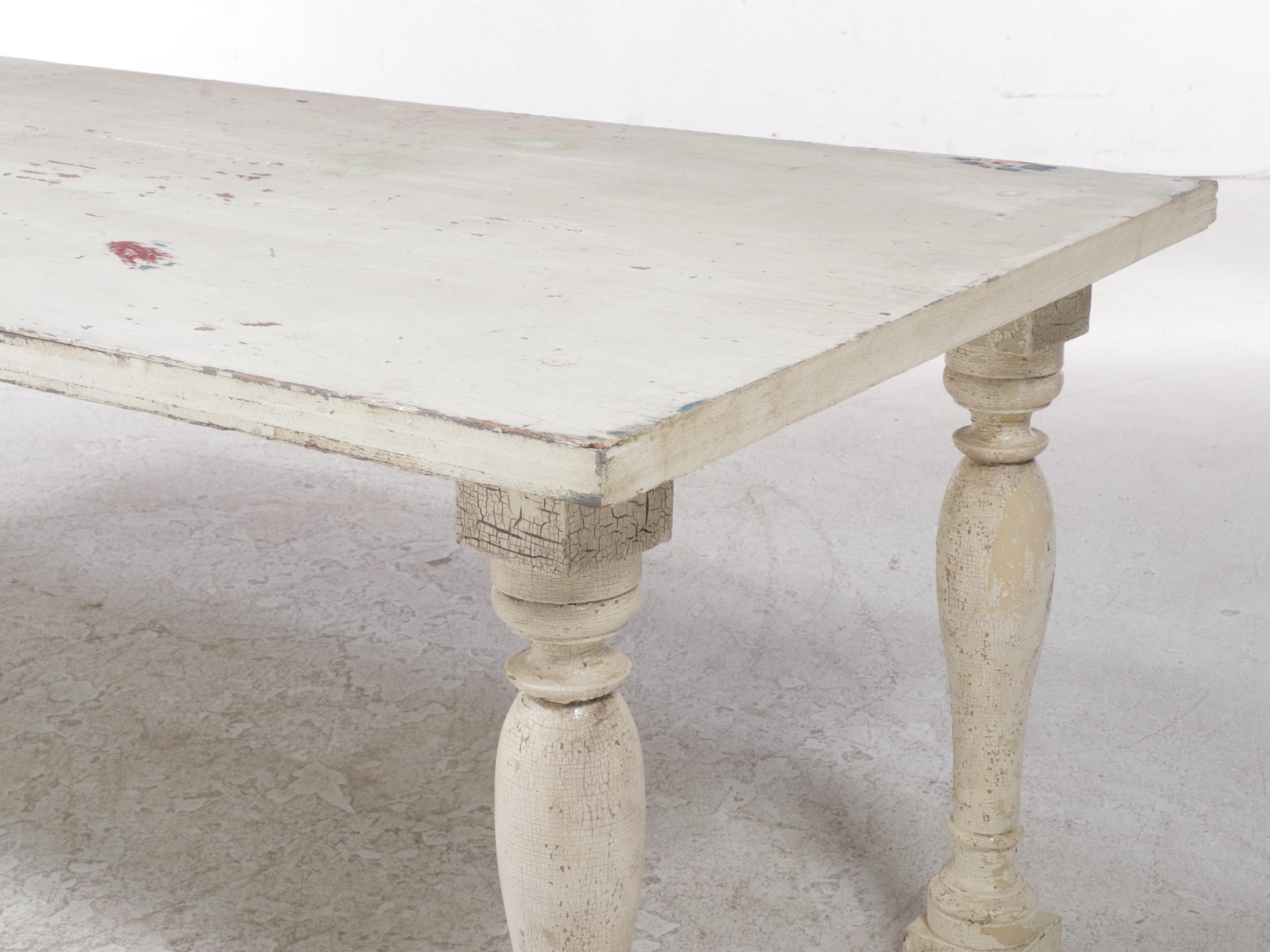 Distressed White-Painted Antique Door and Baluster Legged Composite Table