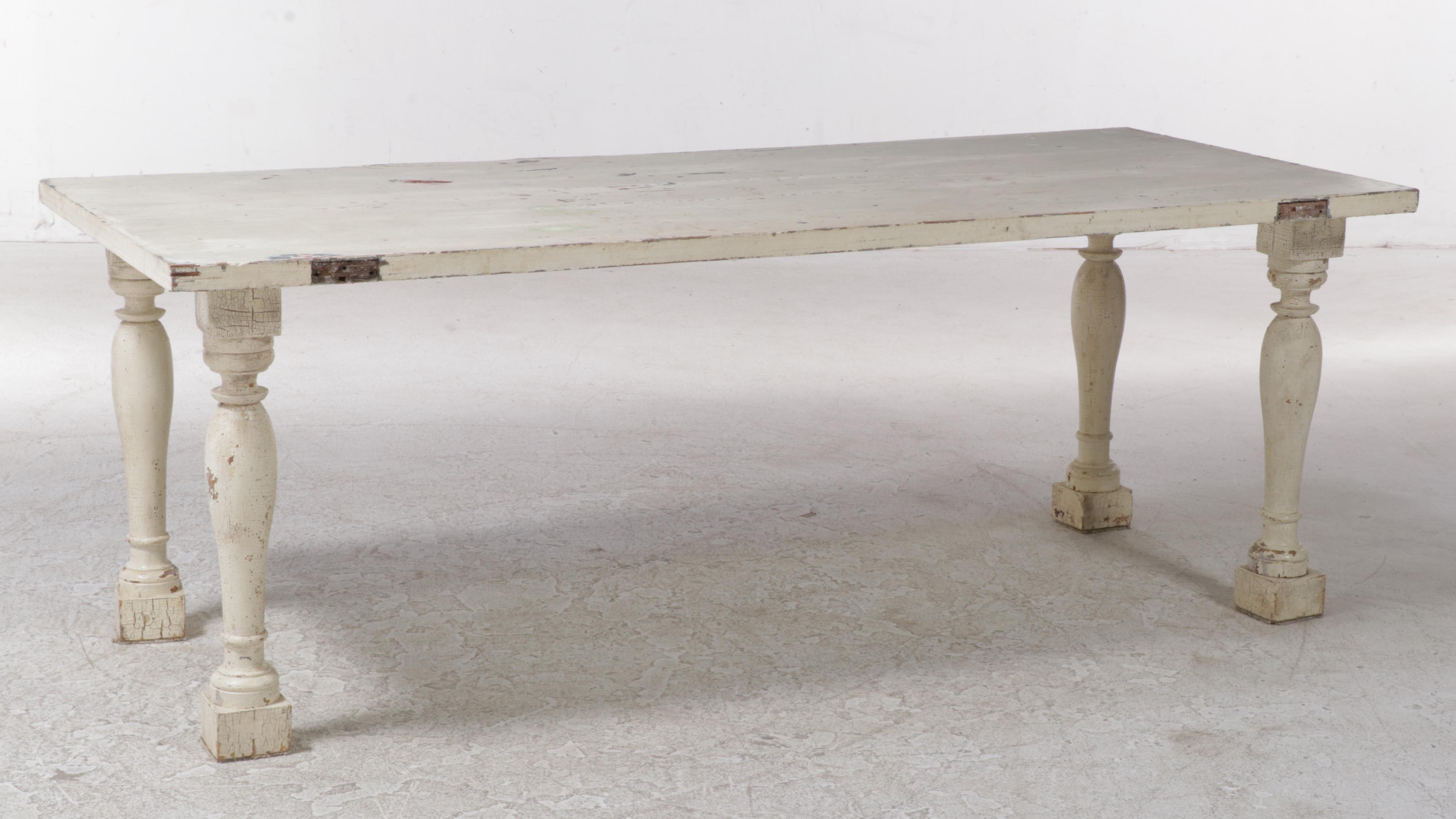 Distressed White-Painted Antique Door and Baluster Legged Composite Table