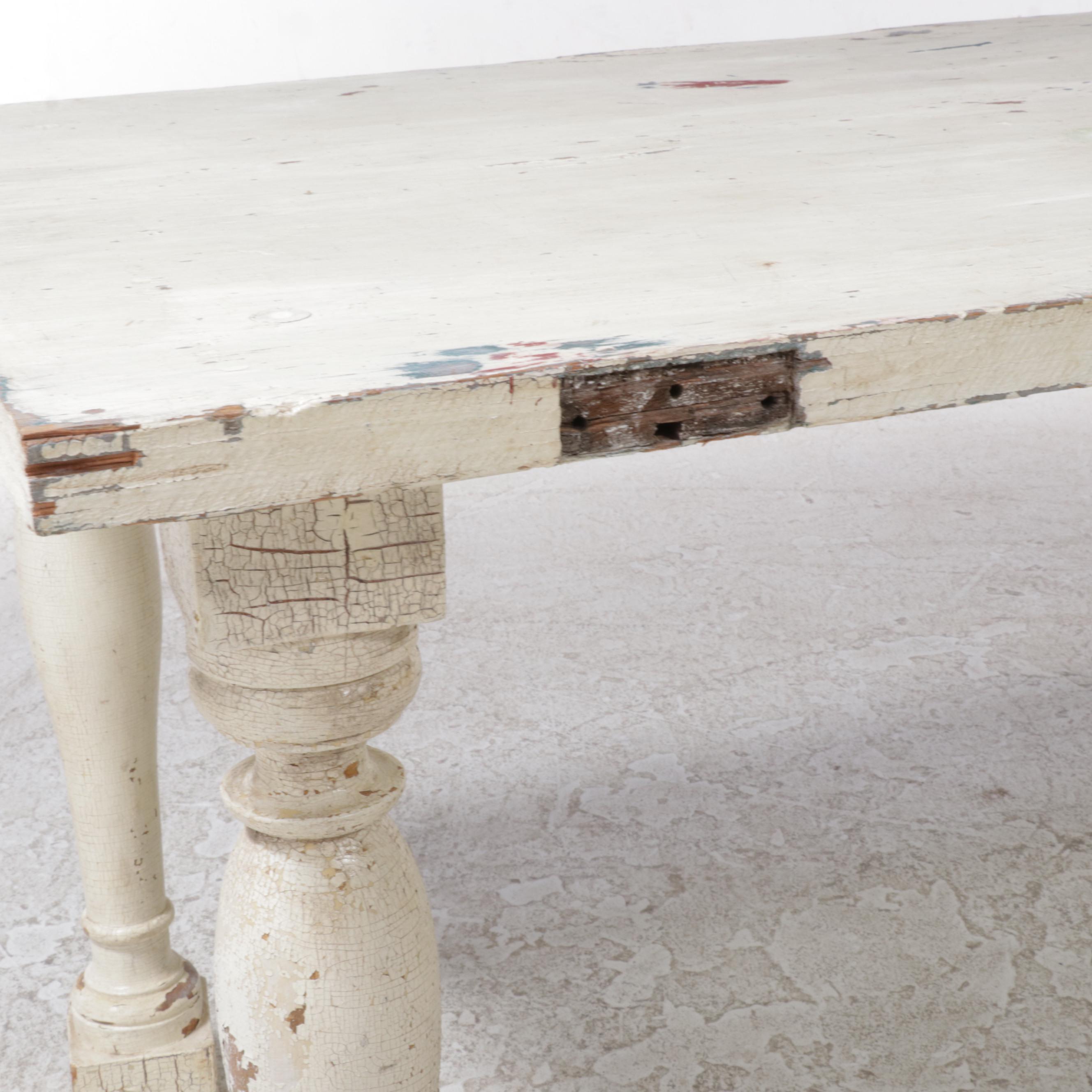Distressed White-Painted Antique Door and Baluster Legged Composite Table