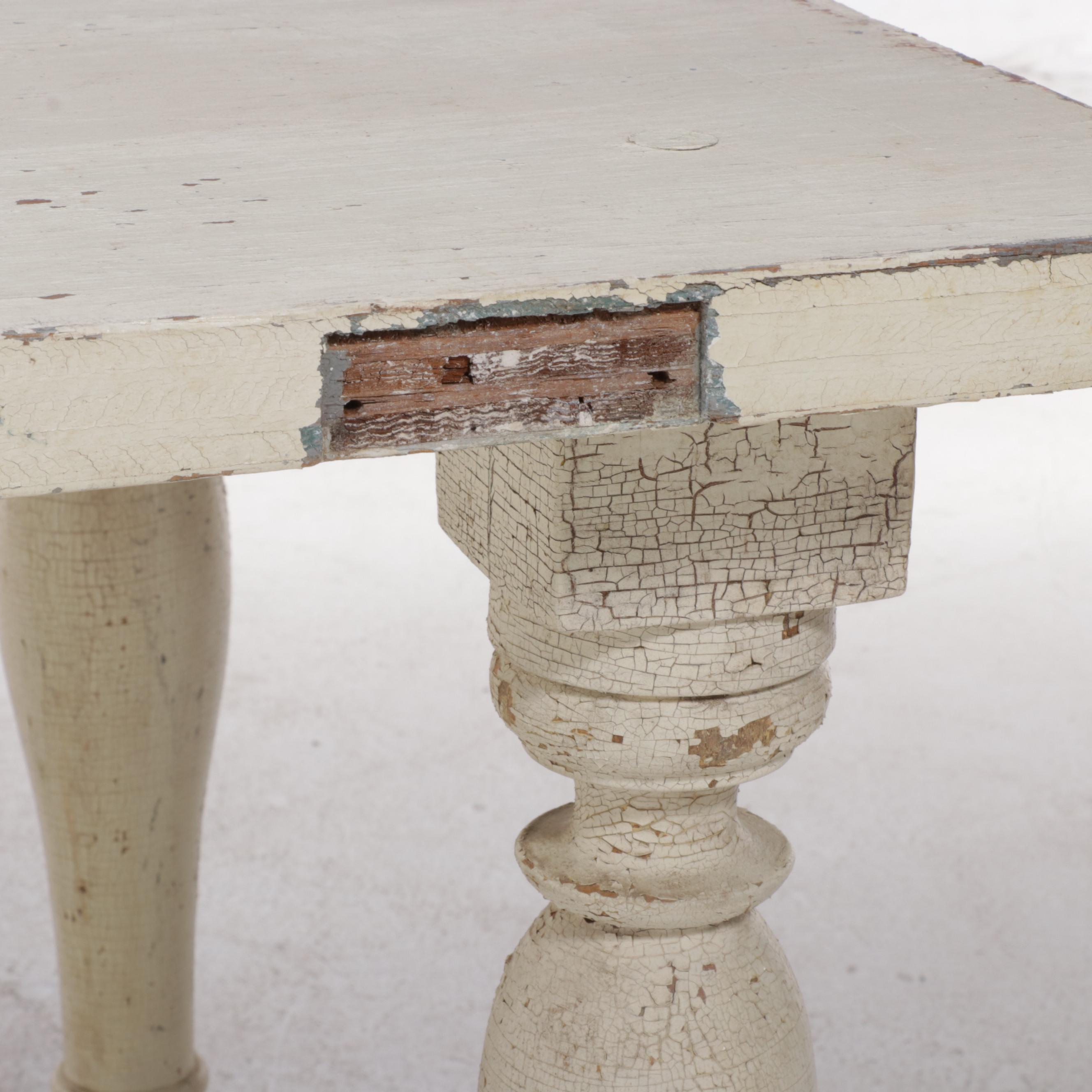 Distressed White-Painted Antique Door and Baluster Legged Composite Table