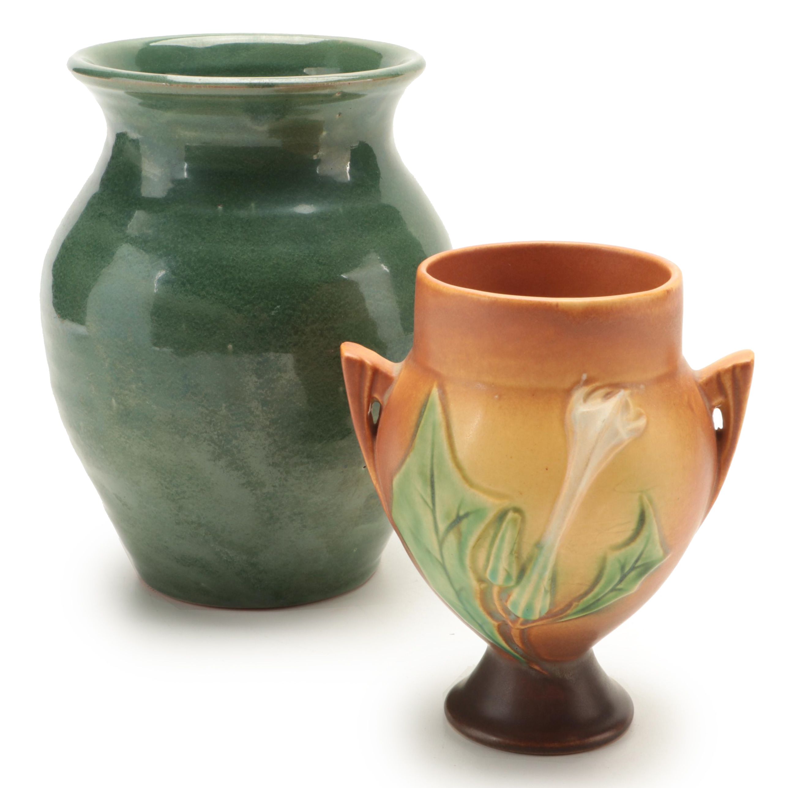 Roseville Pottery "Thornapple" Handled Vase with Other Glazed Ceramic Vase