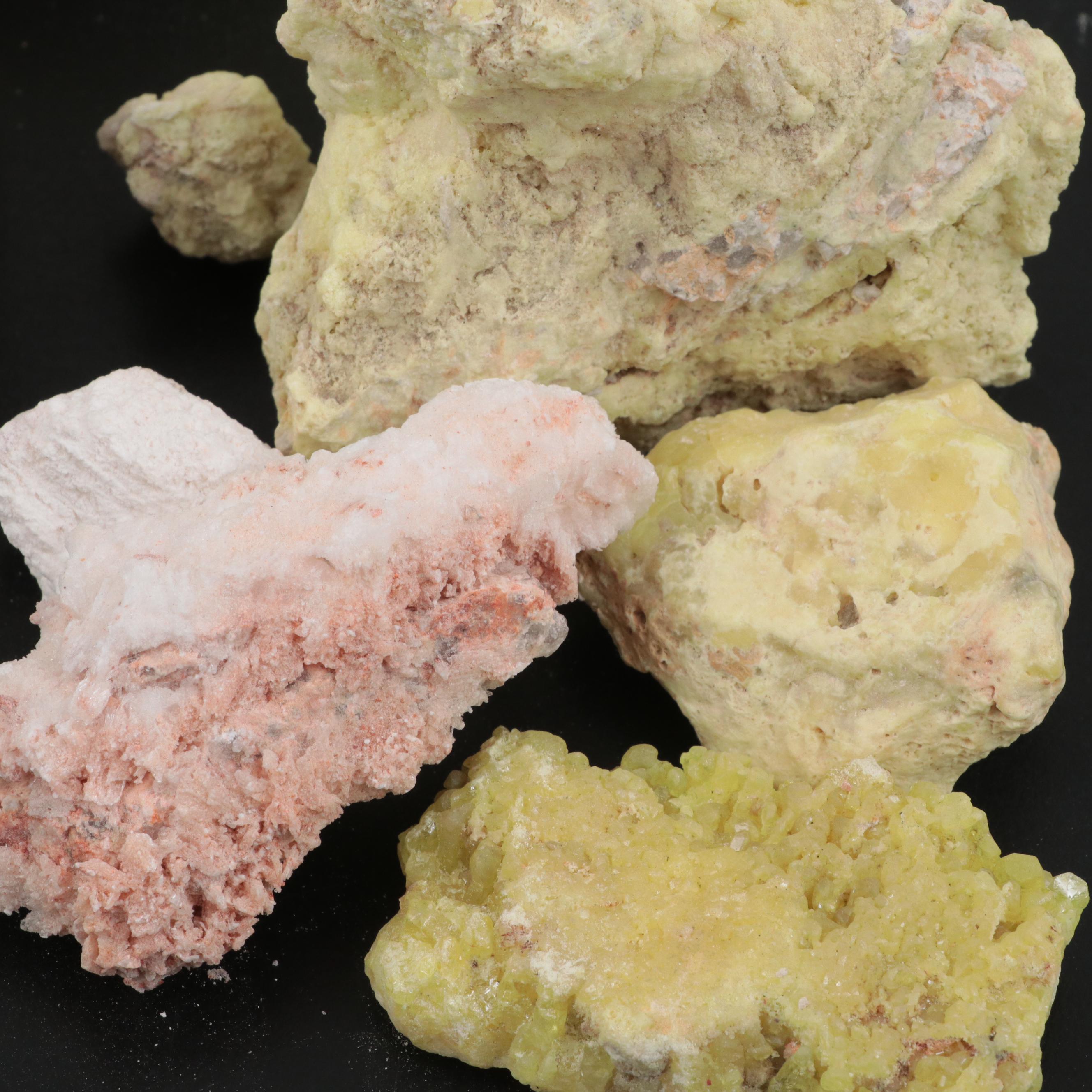 Raw Sulphur, Calcite and Prehnite Mineral Specimens
