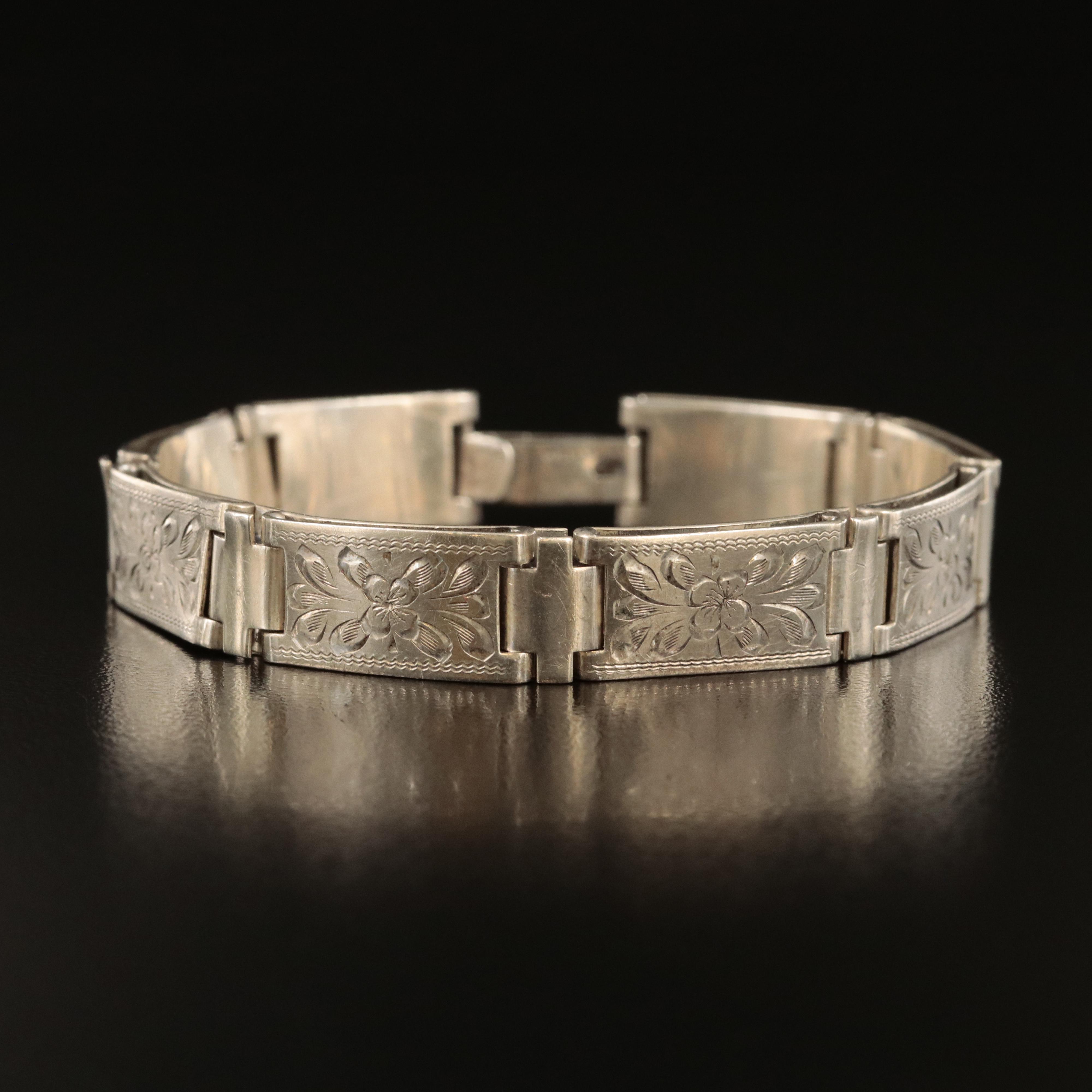 Wells Sterling Floral Engraved Panel Bracelet