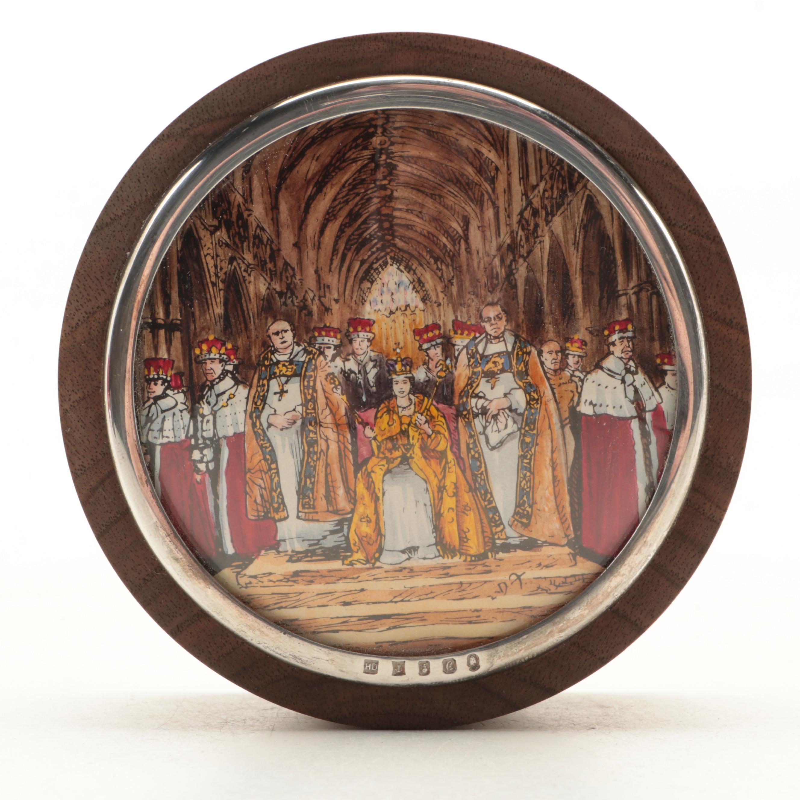 Halcyon Days Silver Jubilee Commemorative Sterling and Walnut Enameled Box, 1977