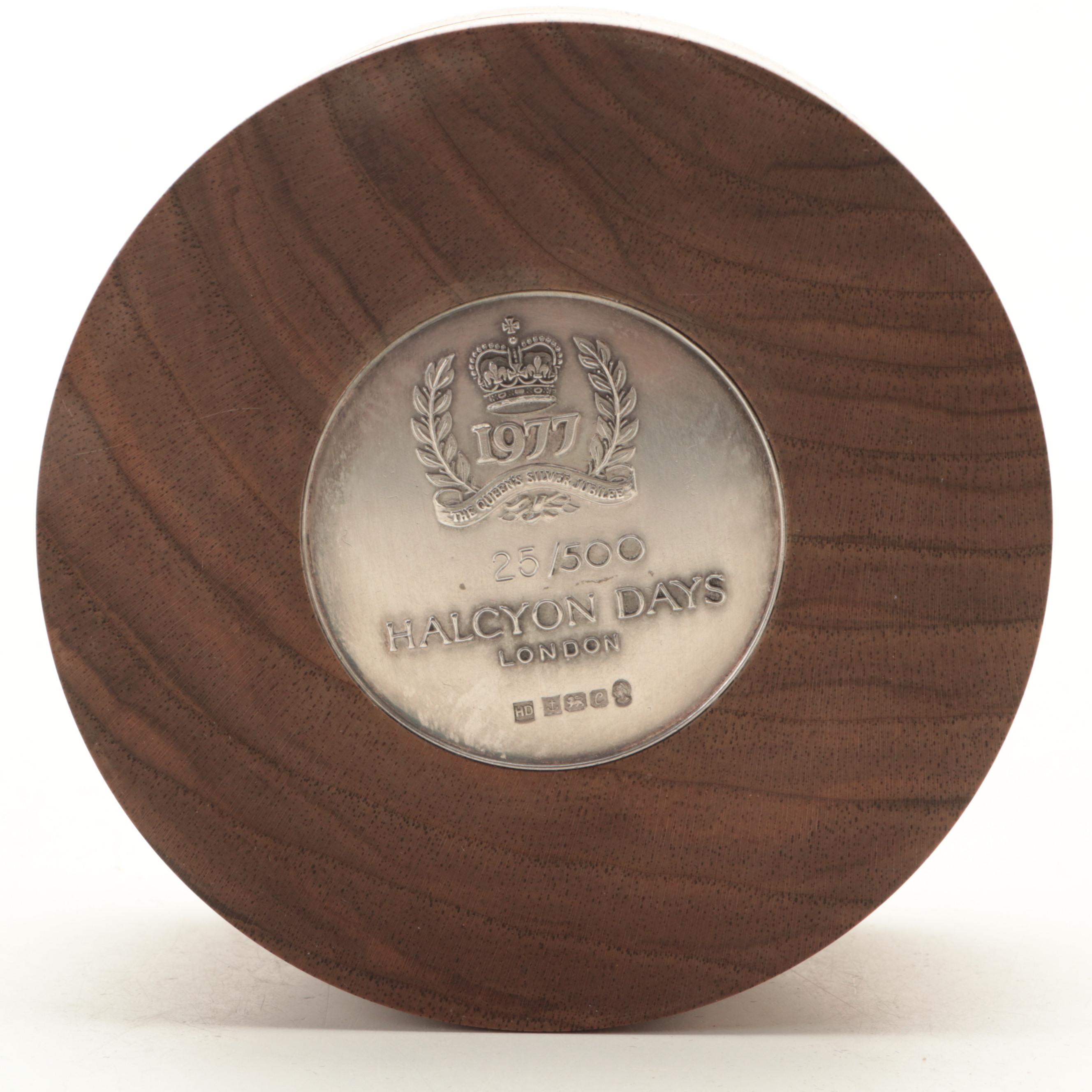 Halcyon Days Silver Jubilee Commemorative Sterling and Walnut Enameled Box, 1977