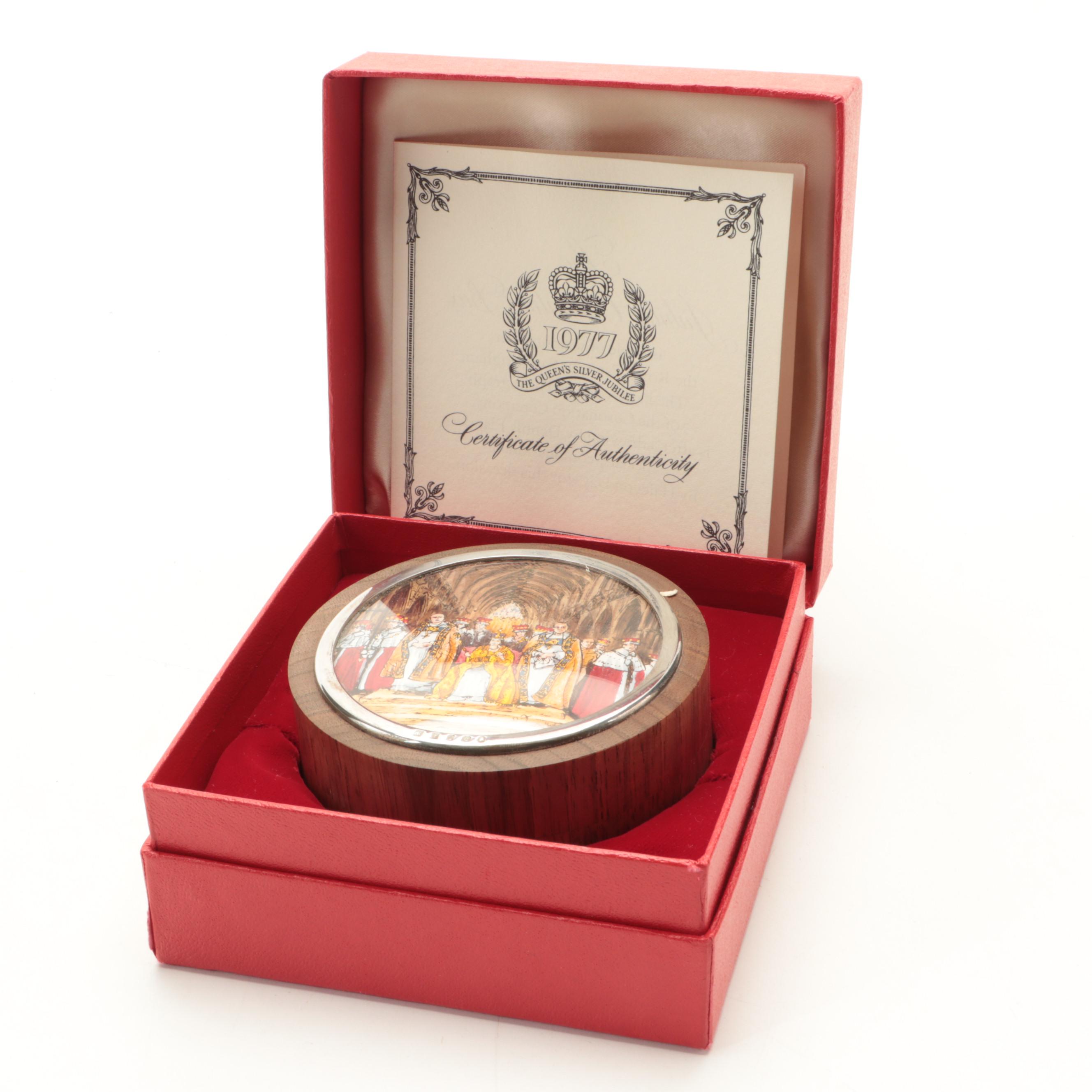 Halcyon Days Silver Jubilee Commemorative Sterling and Walnut Enameled Box, 1977