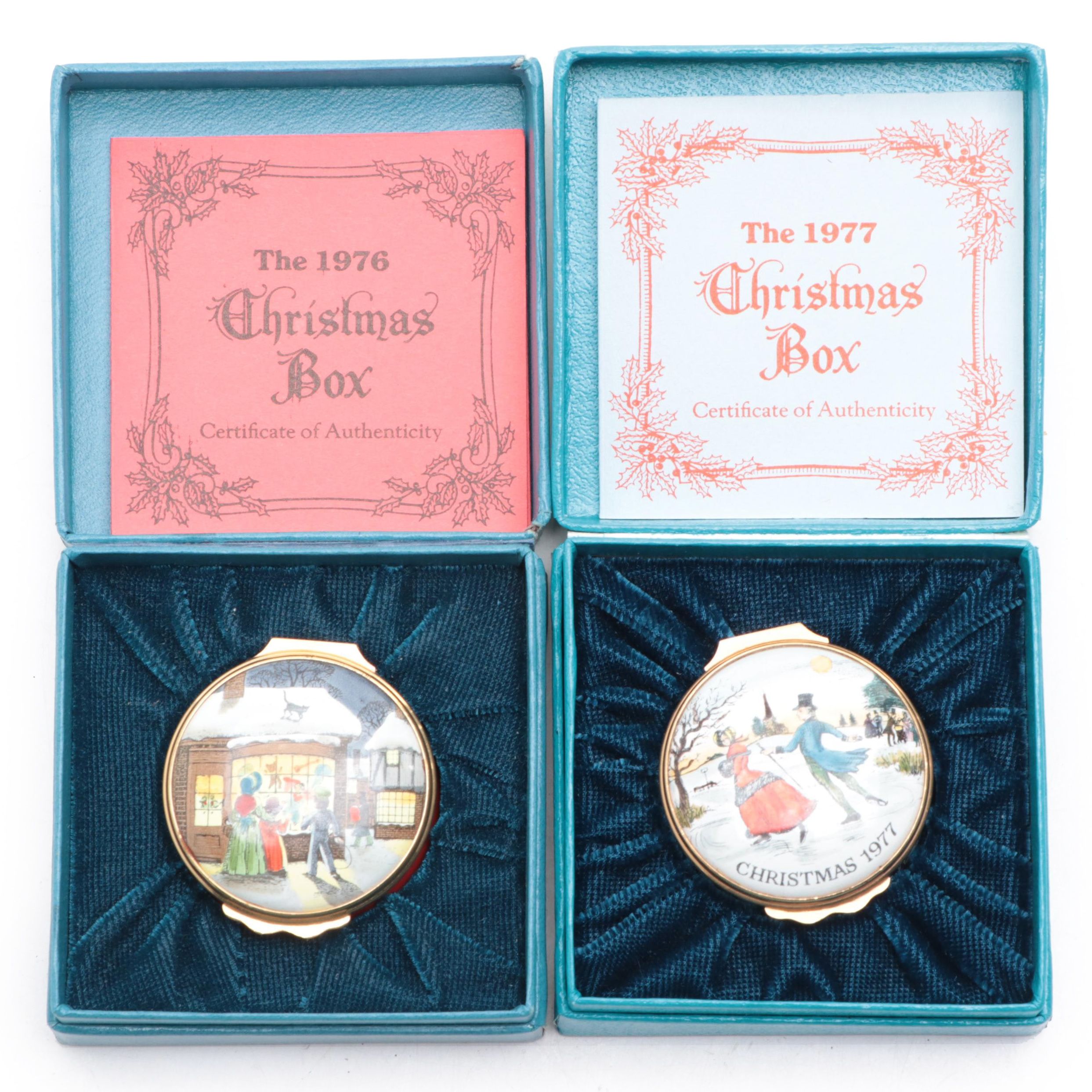 Halcyon Days Bilston and Battersea Christmas Annual Enameled Boxes, 1970s