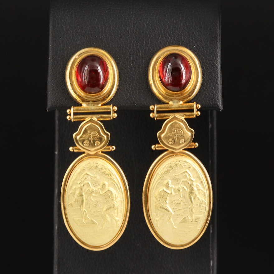 Ivo Spina 18K Renaissance Revival Pan and Syrinx Cameo and Garnet Earrings