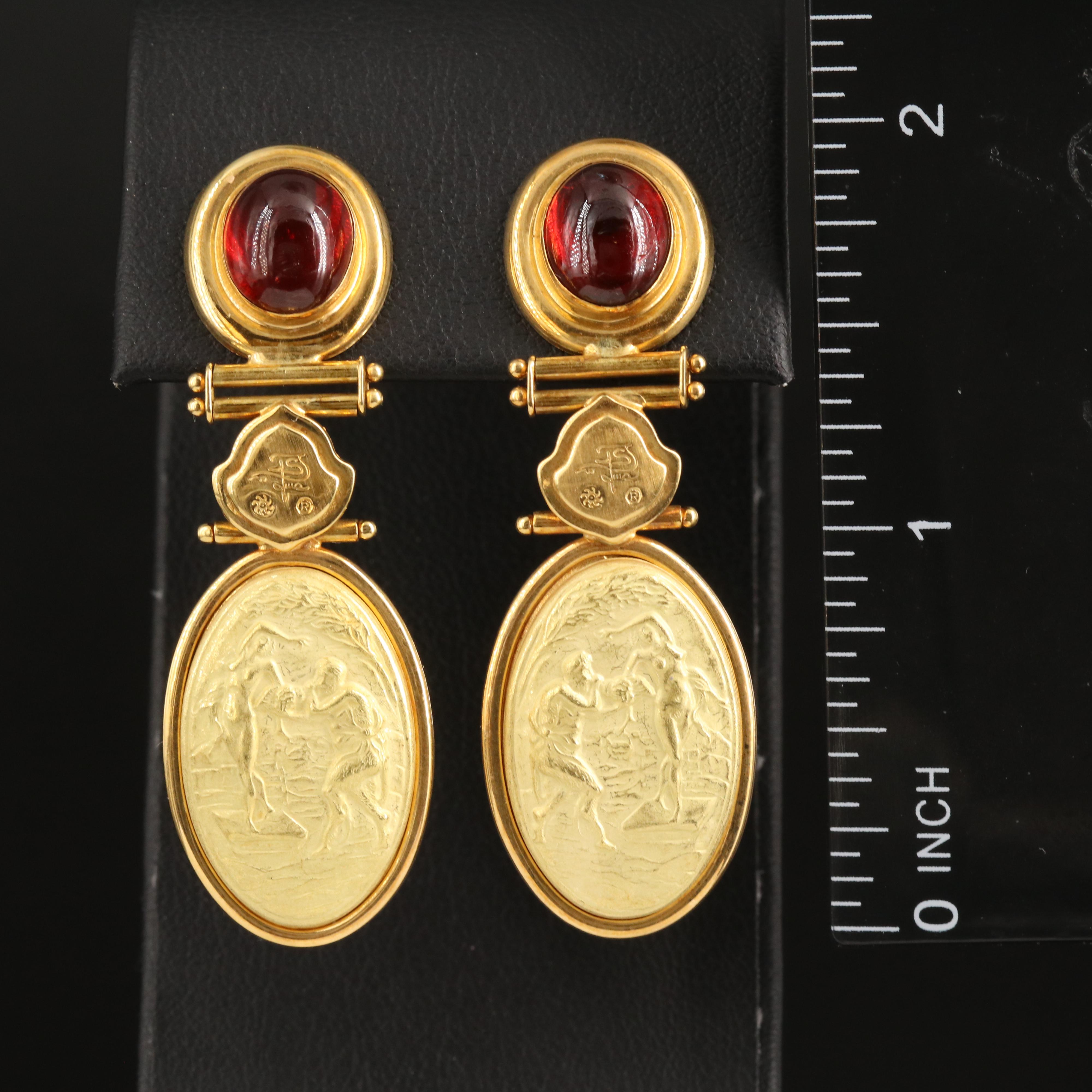 Ivo Spina 18K Renaissance Revival Pan and Syrinx Cameo and Garnet Earrings