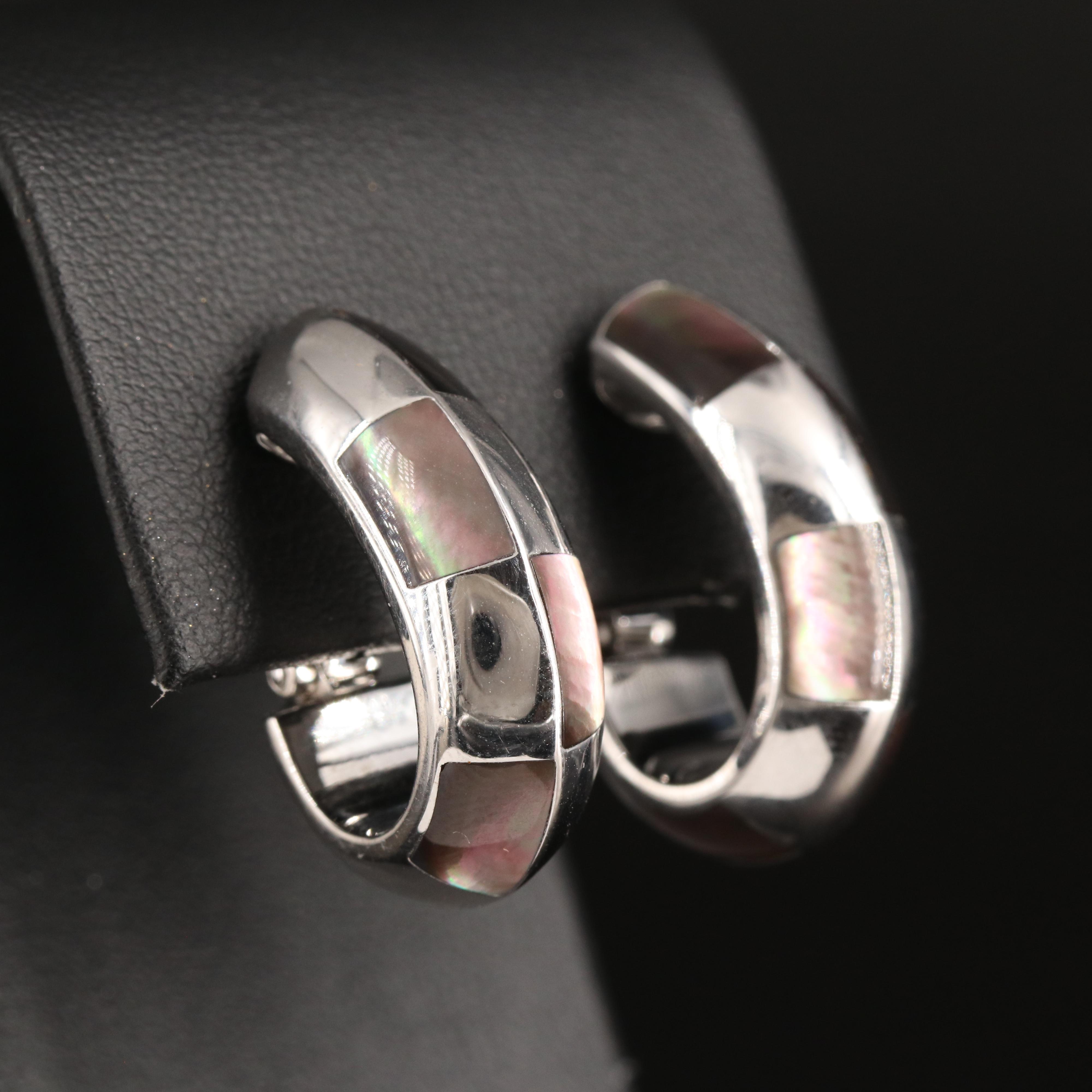 French 18K Mother-of-Pearl Inlay J Hoop Earrings