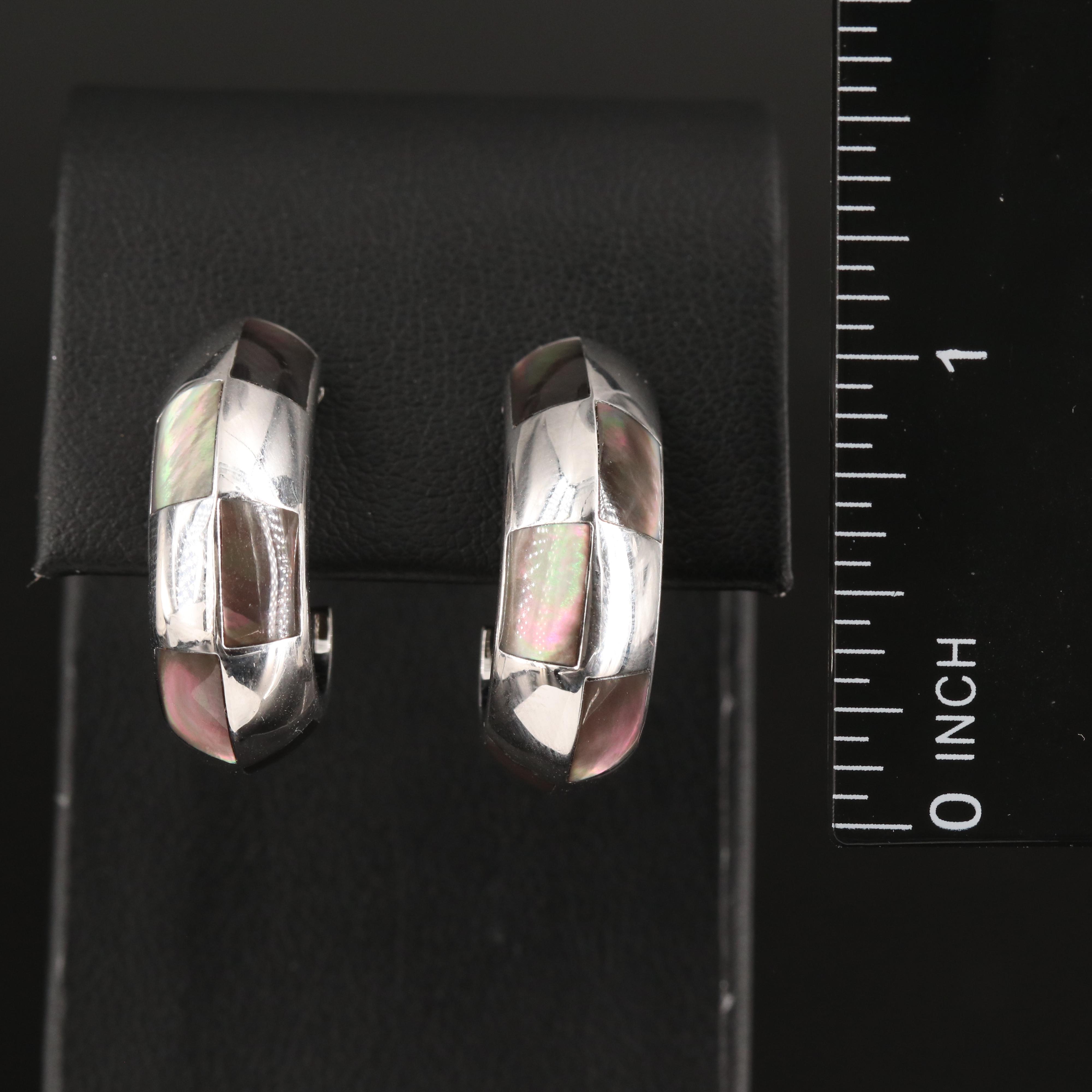 French 18K Mother-of-Pearl Inlay J Hoop Earrings