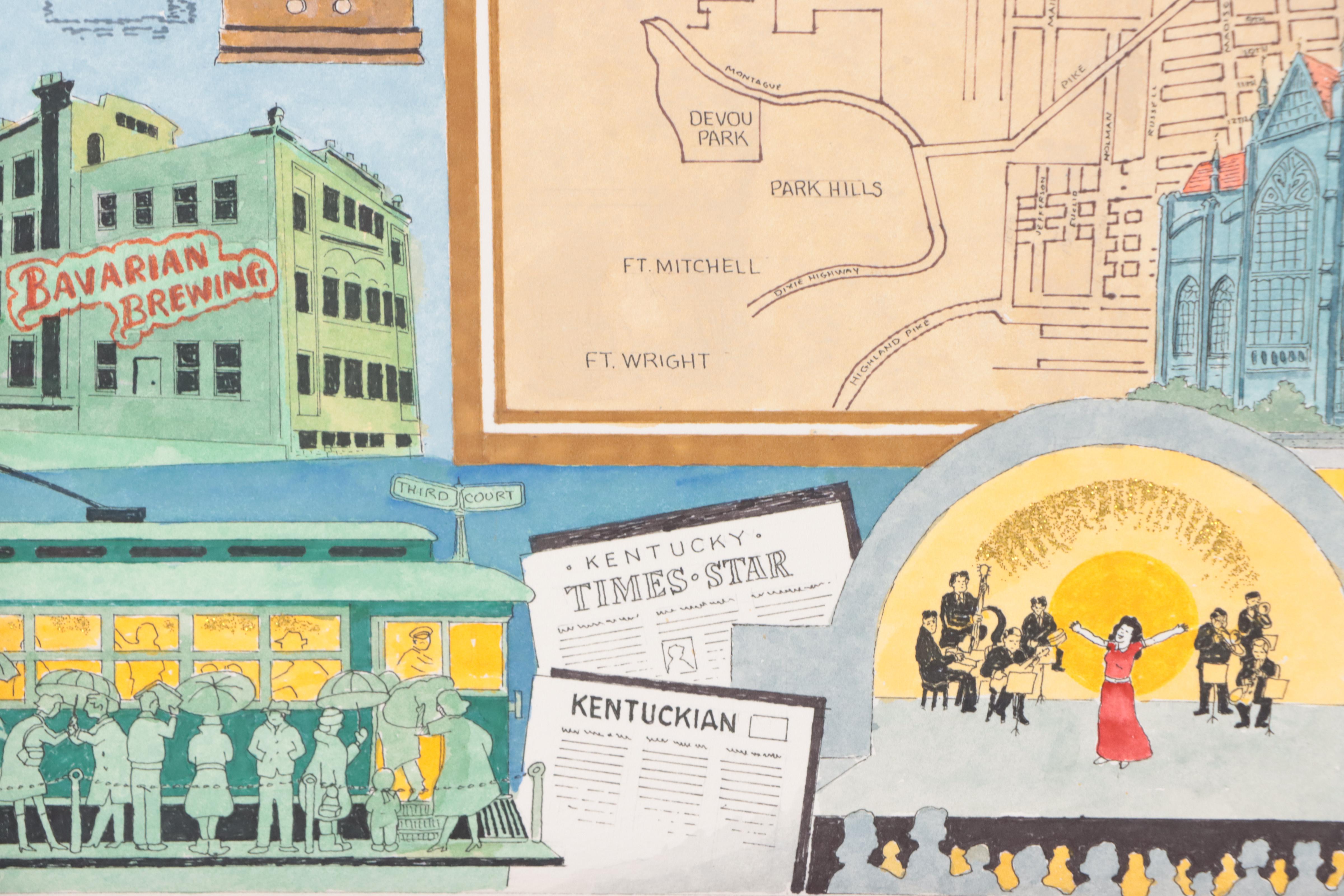 R. Kramer Mixed Media Painting "Covington, K.Y. / Landmarks & Memories"