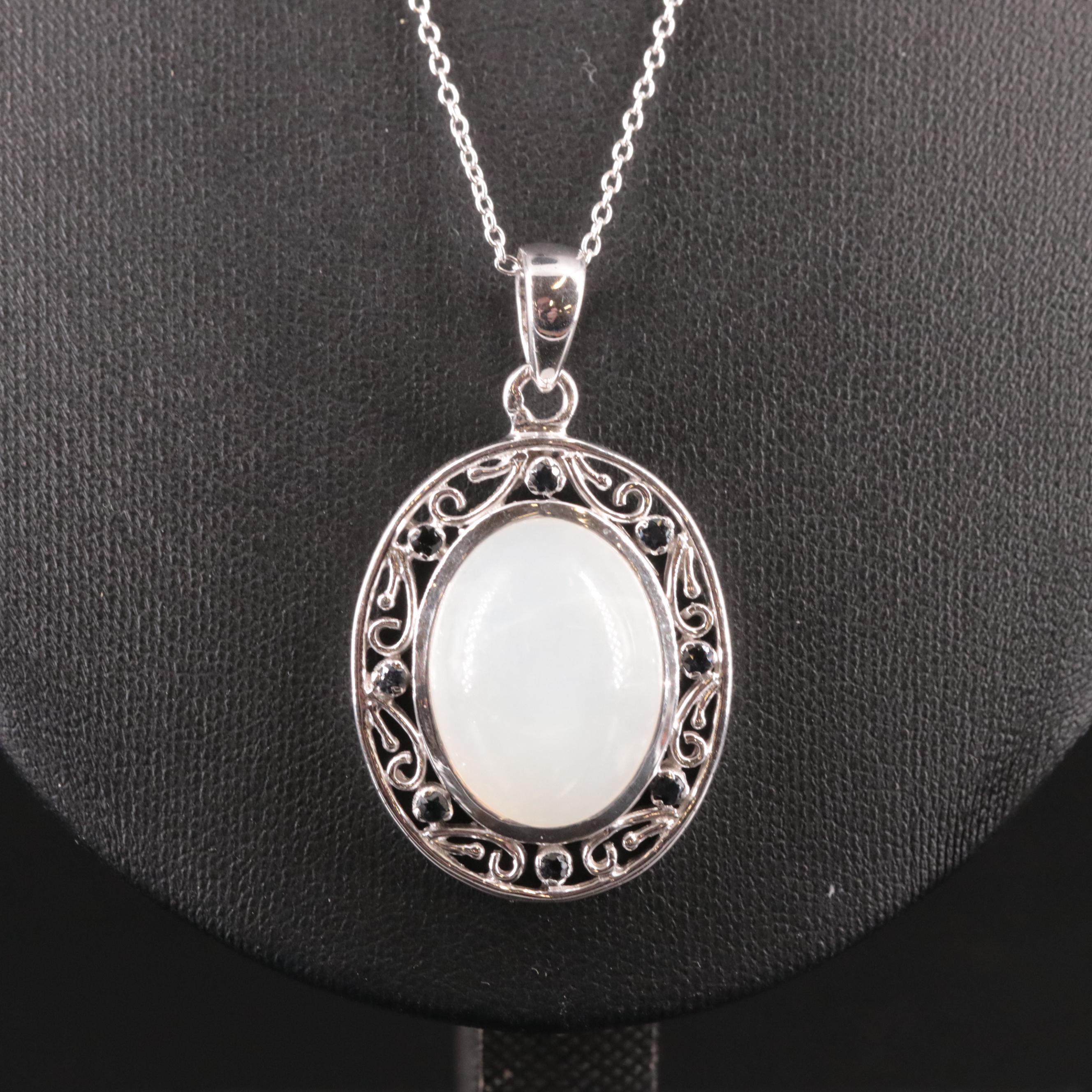 Sterling Moonstone and Sapphire Pendant Necklace