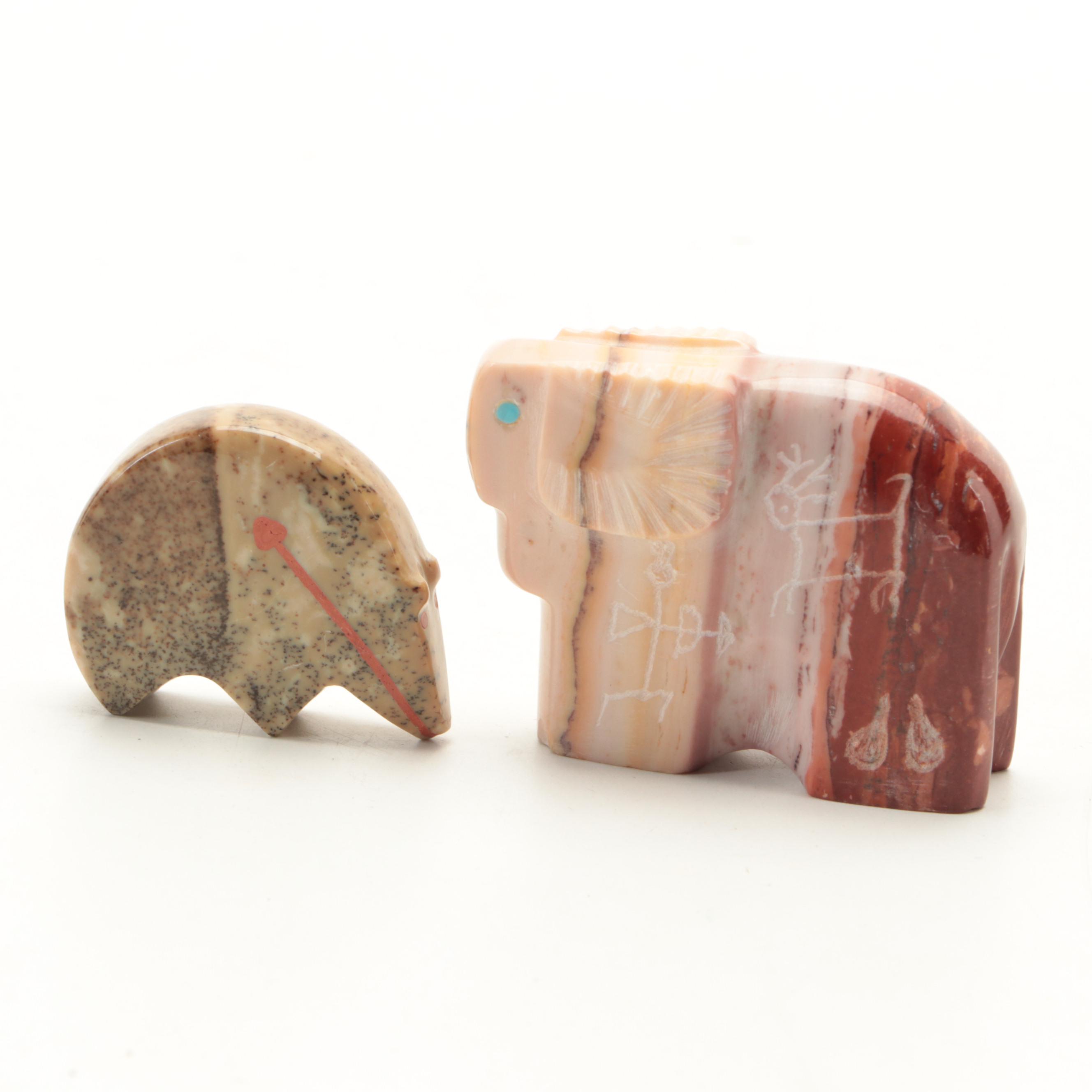 Zuni Carved Jasper Fetish Animals, Sterling Pill Box, Leather Pouch and More