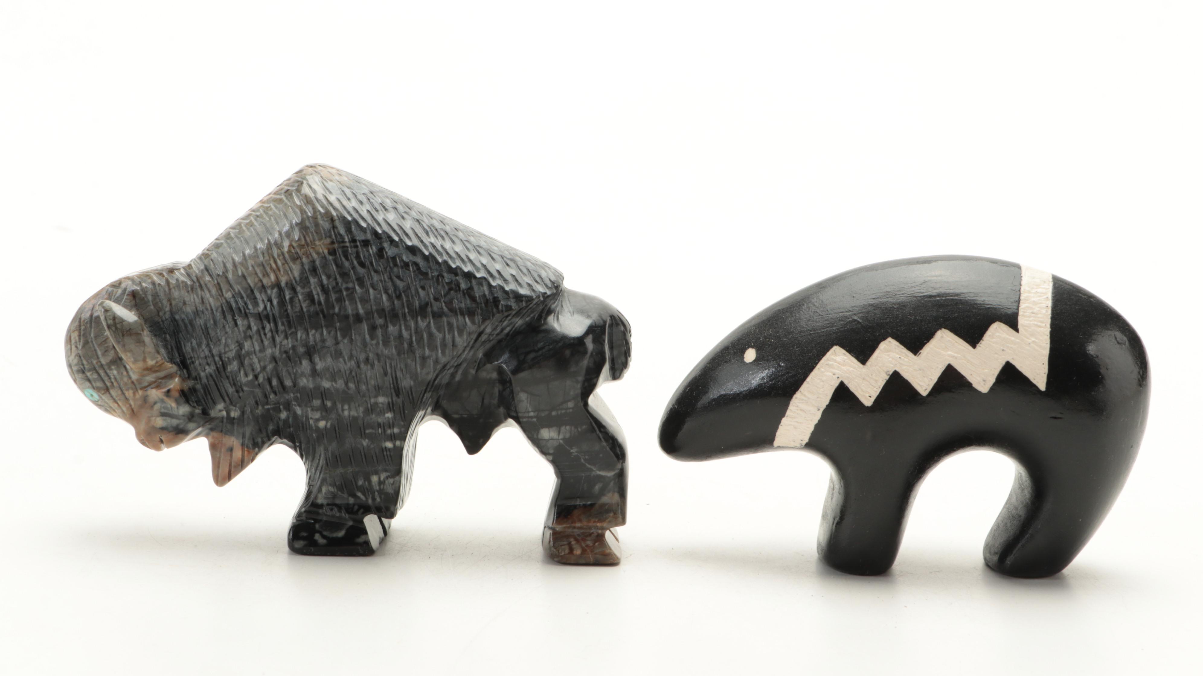 Zuni Carved Jasper Fetish Animals, Sterling Pill Box, Leather Pouch and More