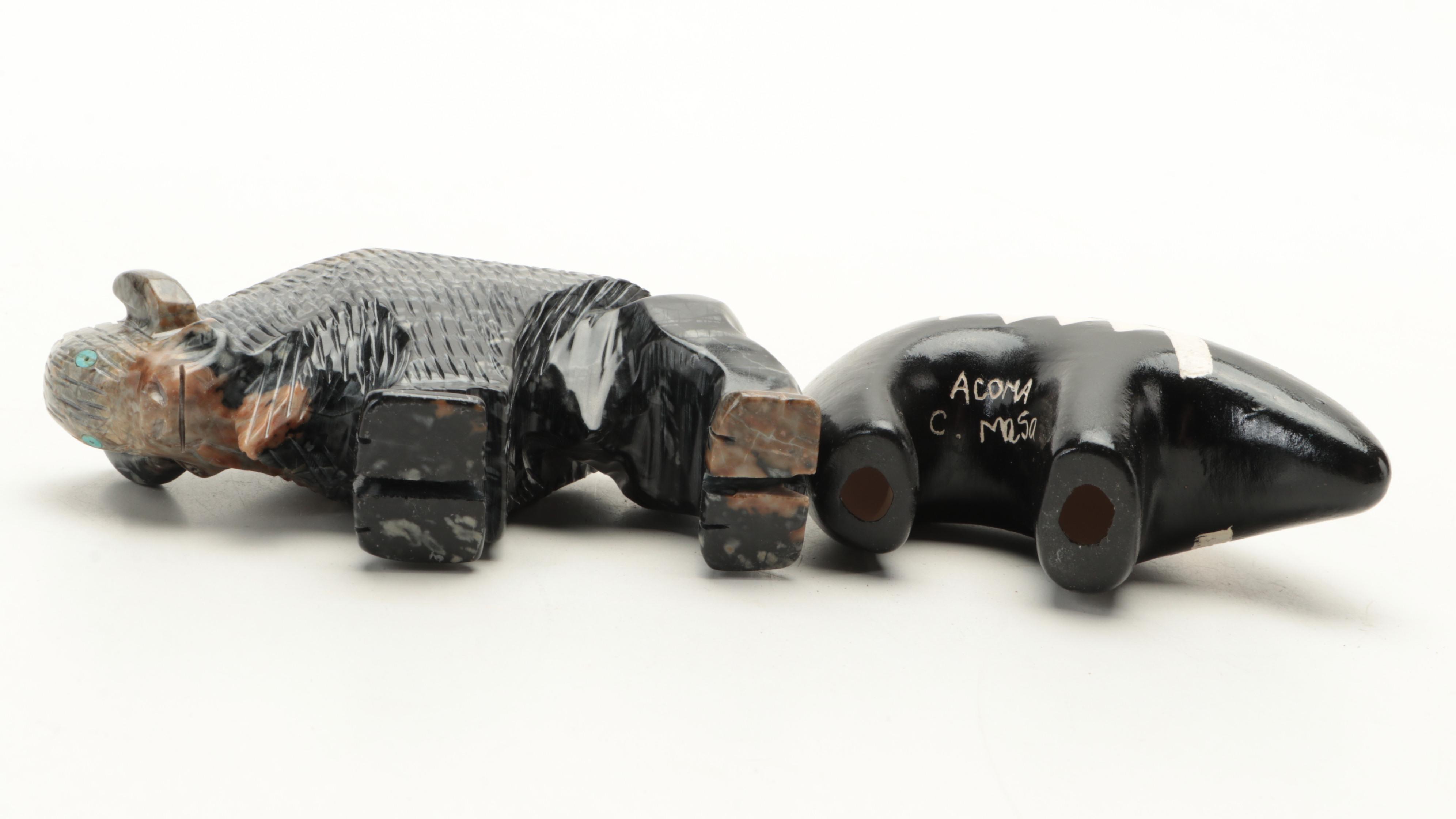 Zuni Carved Jasper Fetish Animals, Sterling Pill Box, Leather Pouch and More