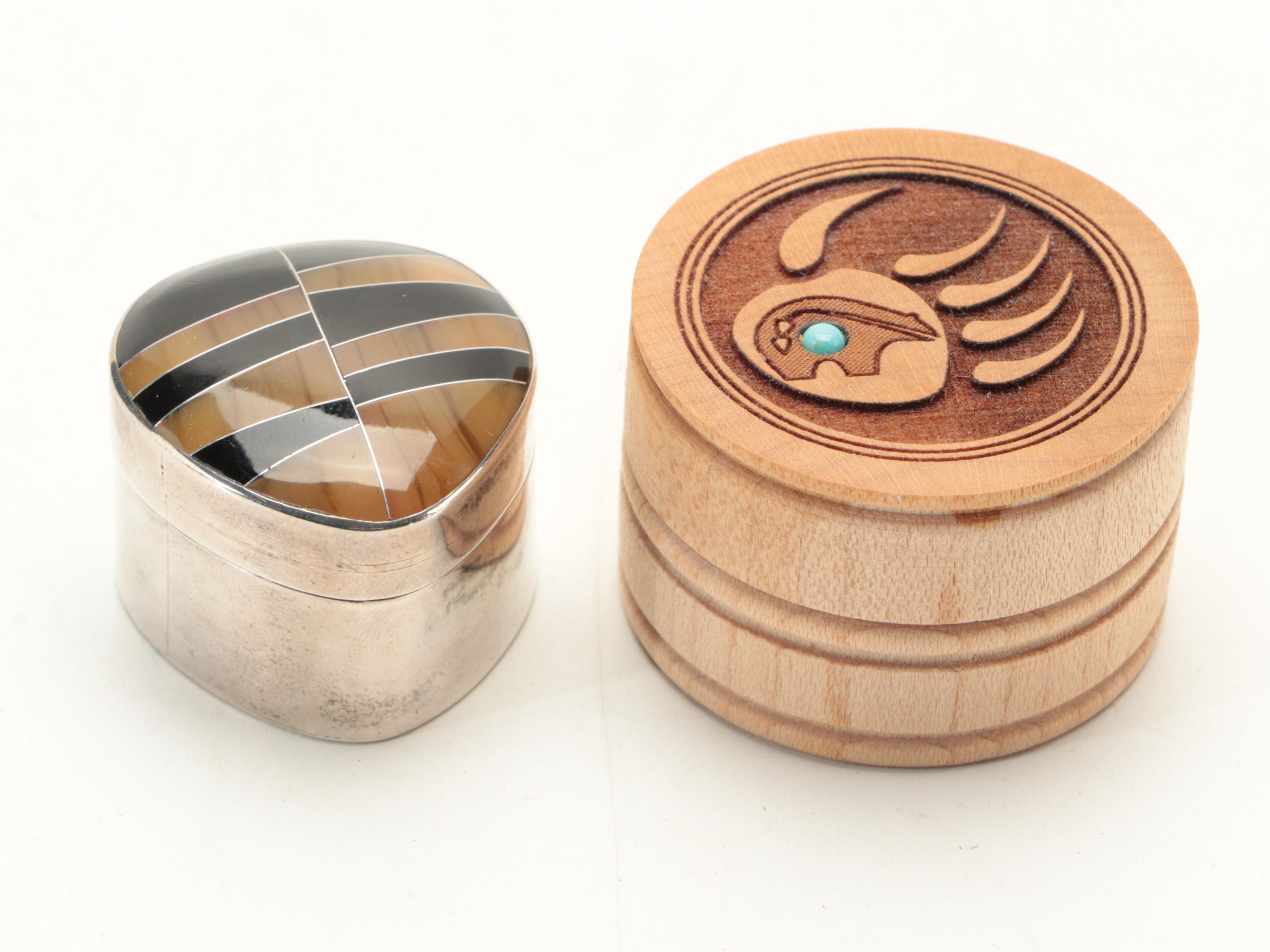 Zuni Carved Jasper Fetish Animals, Sterling Pill Box, Leather Pouch and More