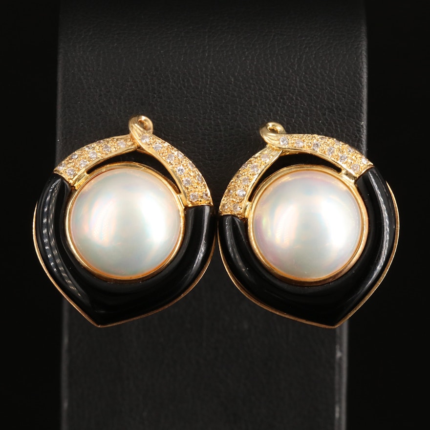 Vintage 14K Mabé Pearl, Diamond and Black Onyx Button Earrings