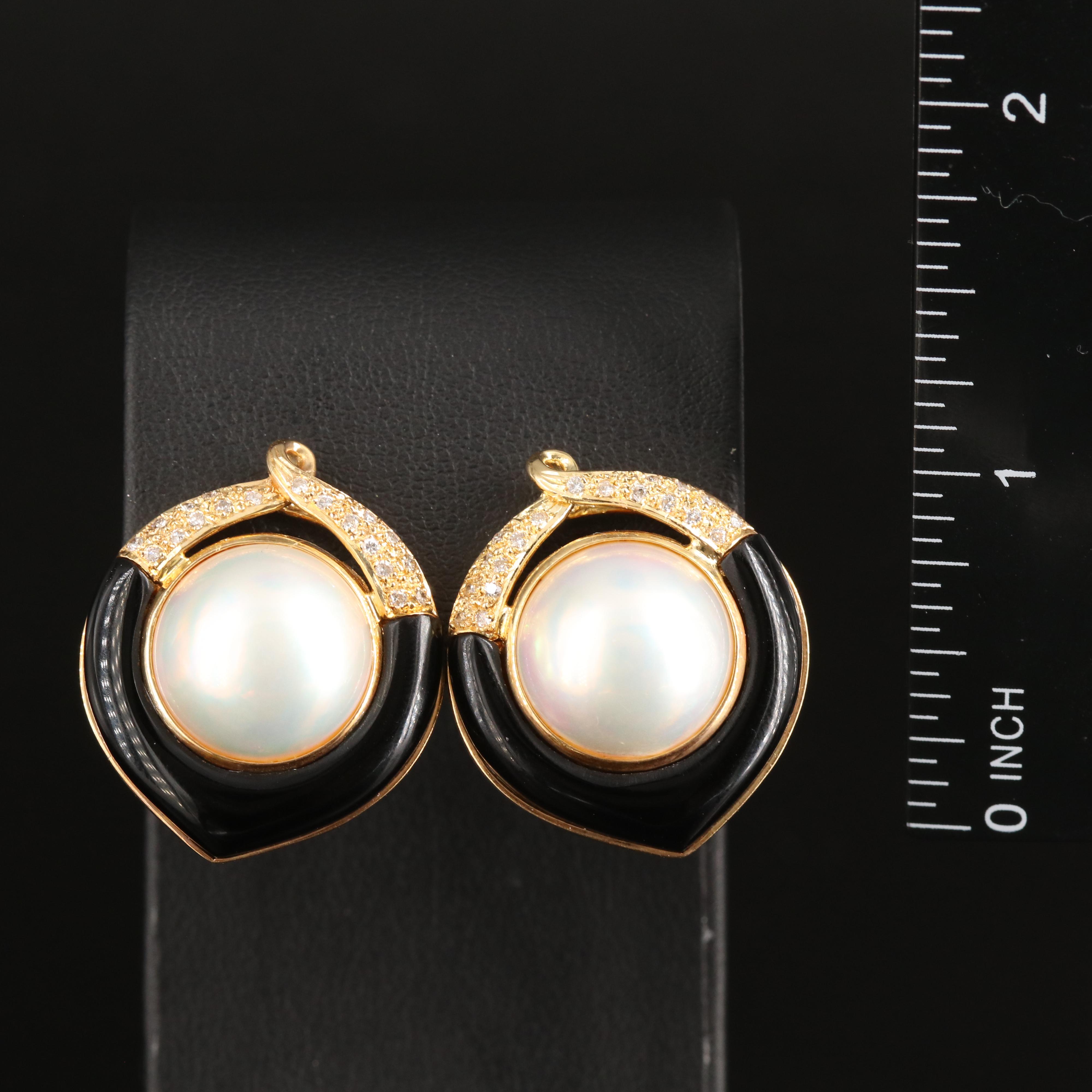 Vintage 14K Mabé Pearl, Diamond and Black Onyx Button Earrings