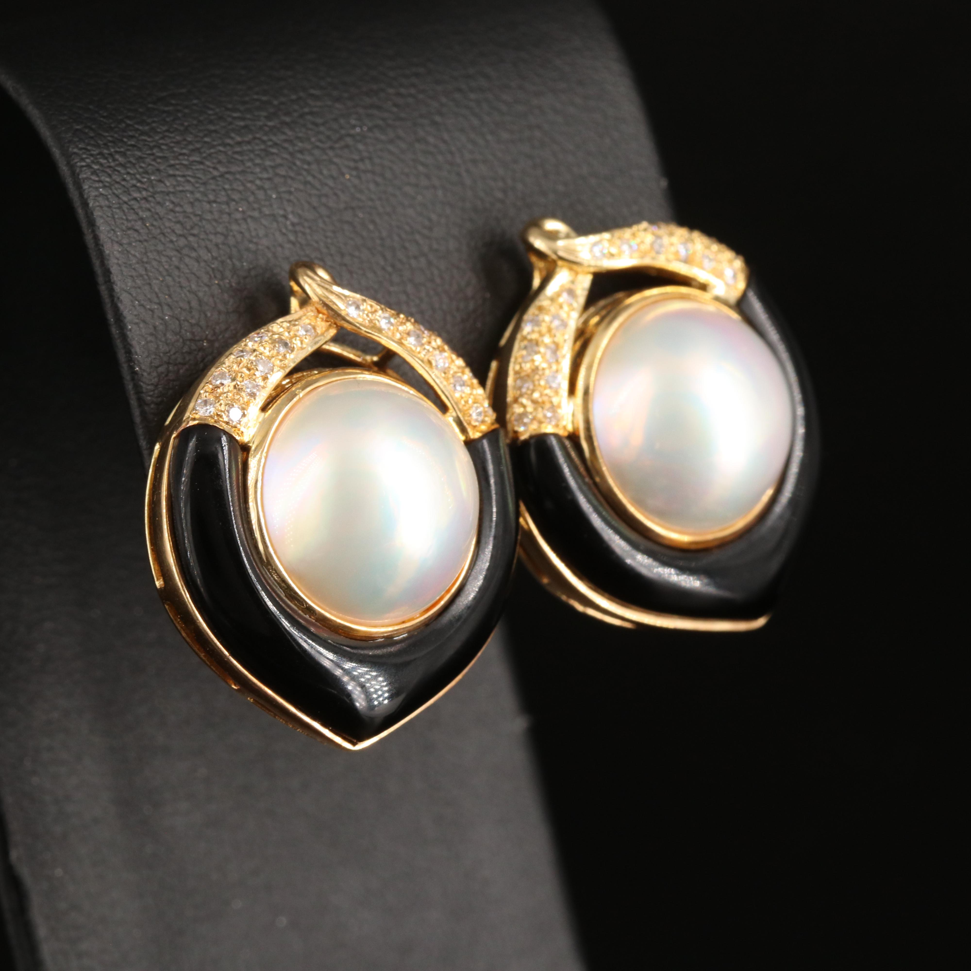 Vintage 14K Mabé Pearl, Diamond and Black Onyx Button Earrings