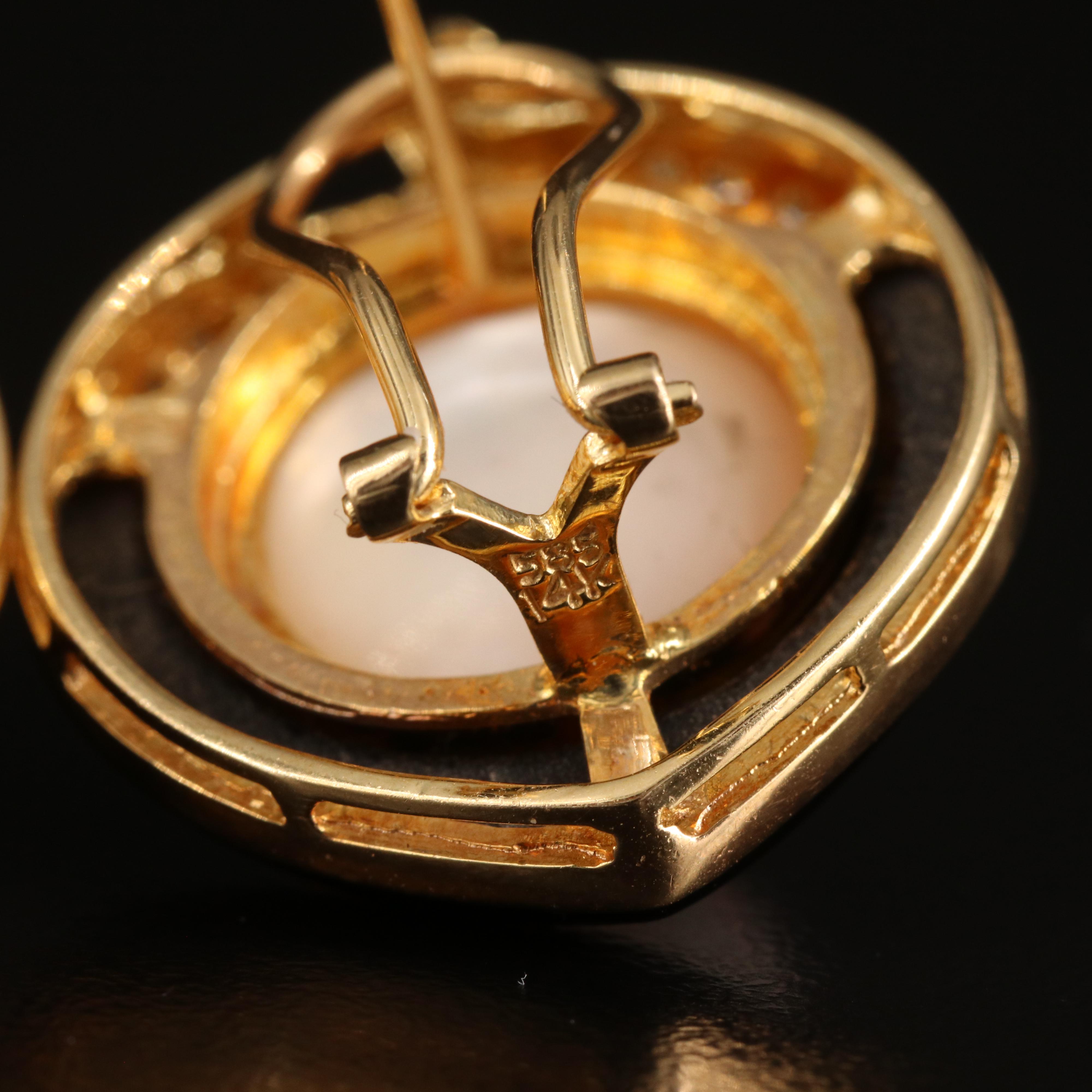 Vintage 14K Mabé Pearl, Diamond and Black Onyx Button Earrings