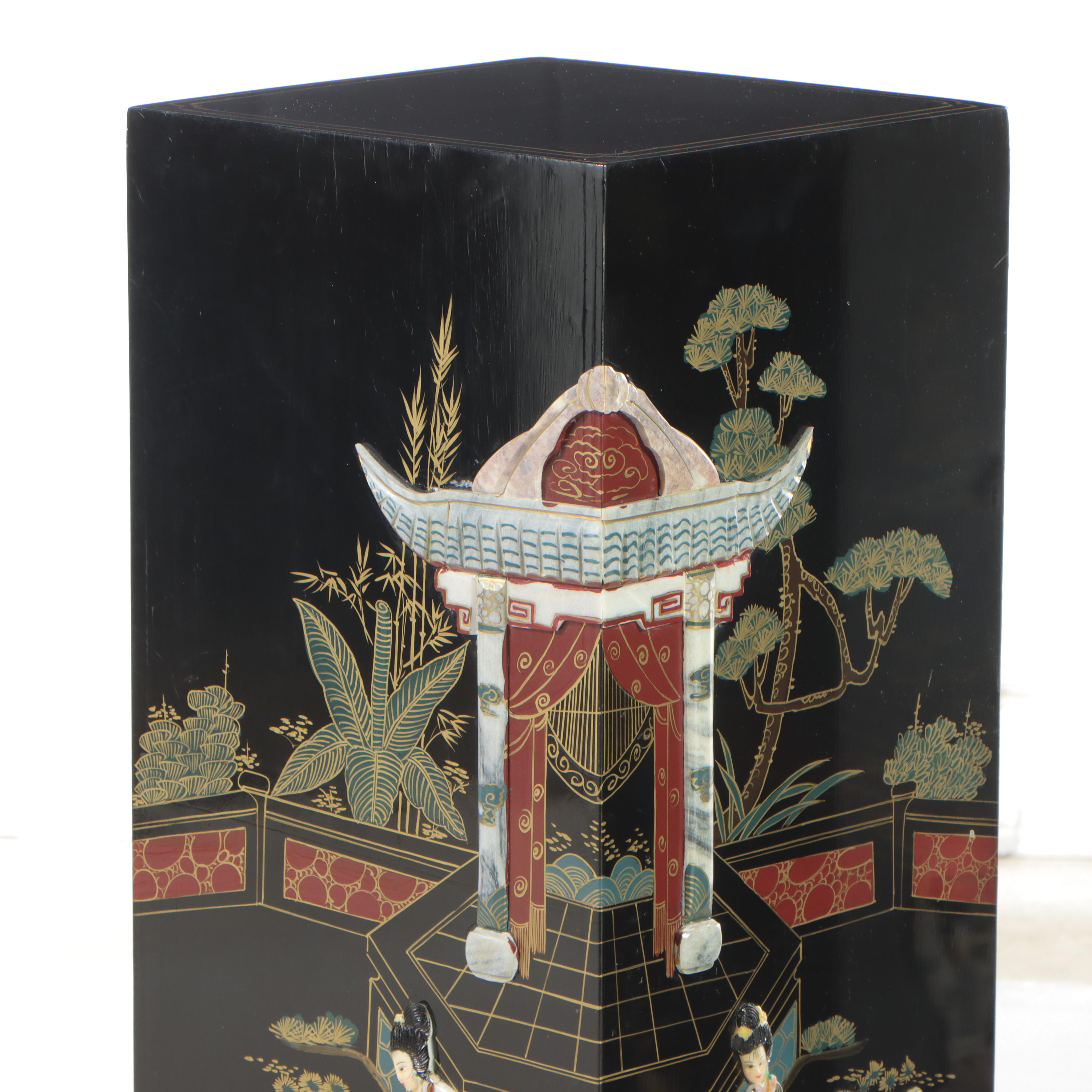 Pair of Chinoiserie Paint and Inlaid-Stone Decorated Pedestals