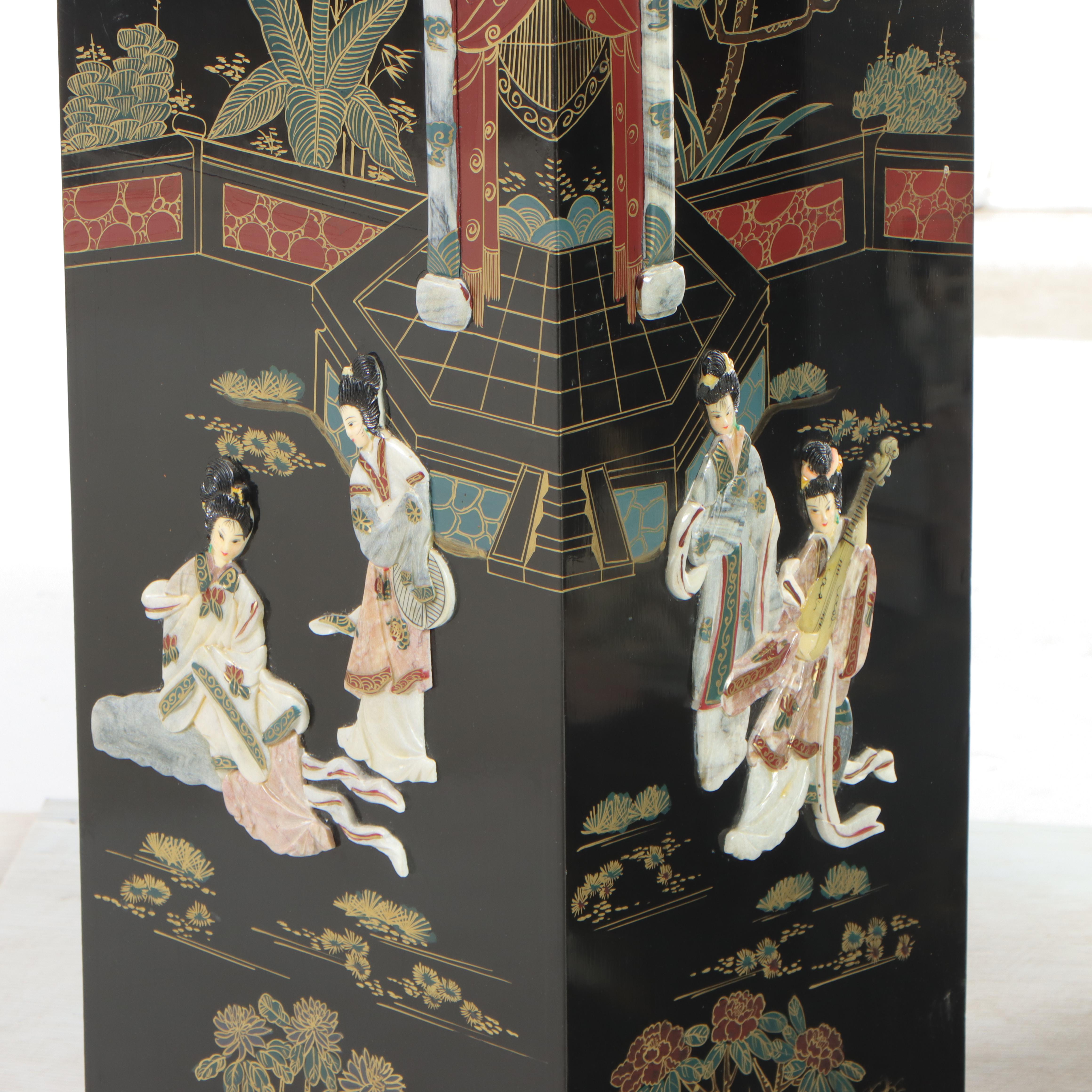 Pair of Chinoiserie Paint and Inlaid-Stone Decorated Pedestals