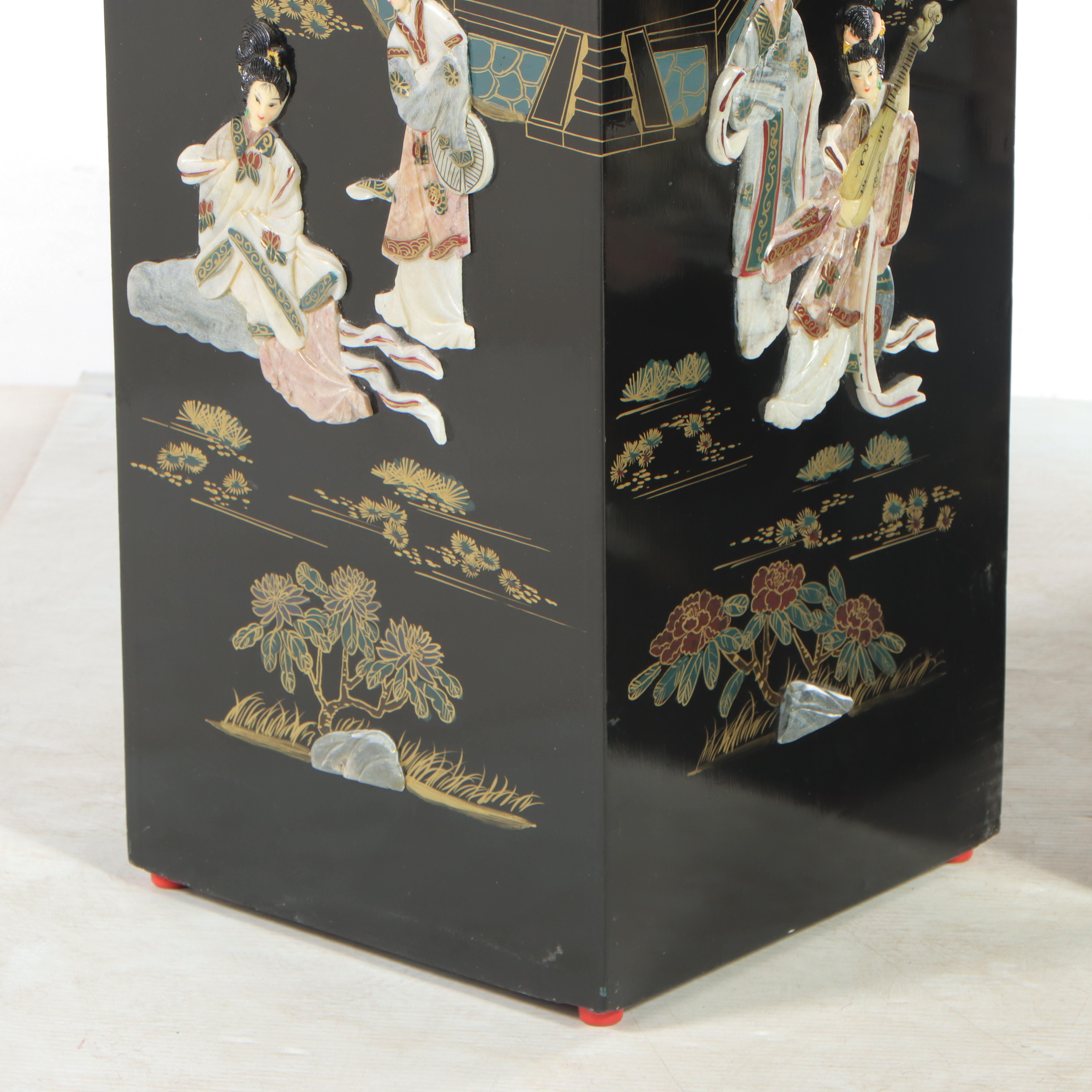 Pair of Chinoiserie Paint and Inlaid-Stone Decorated Pedestals
