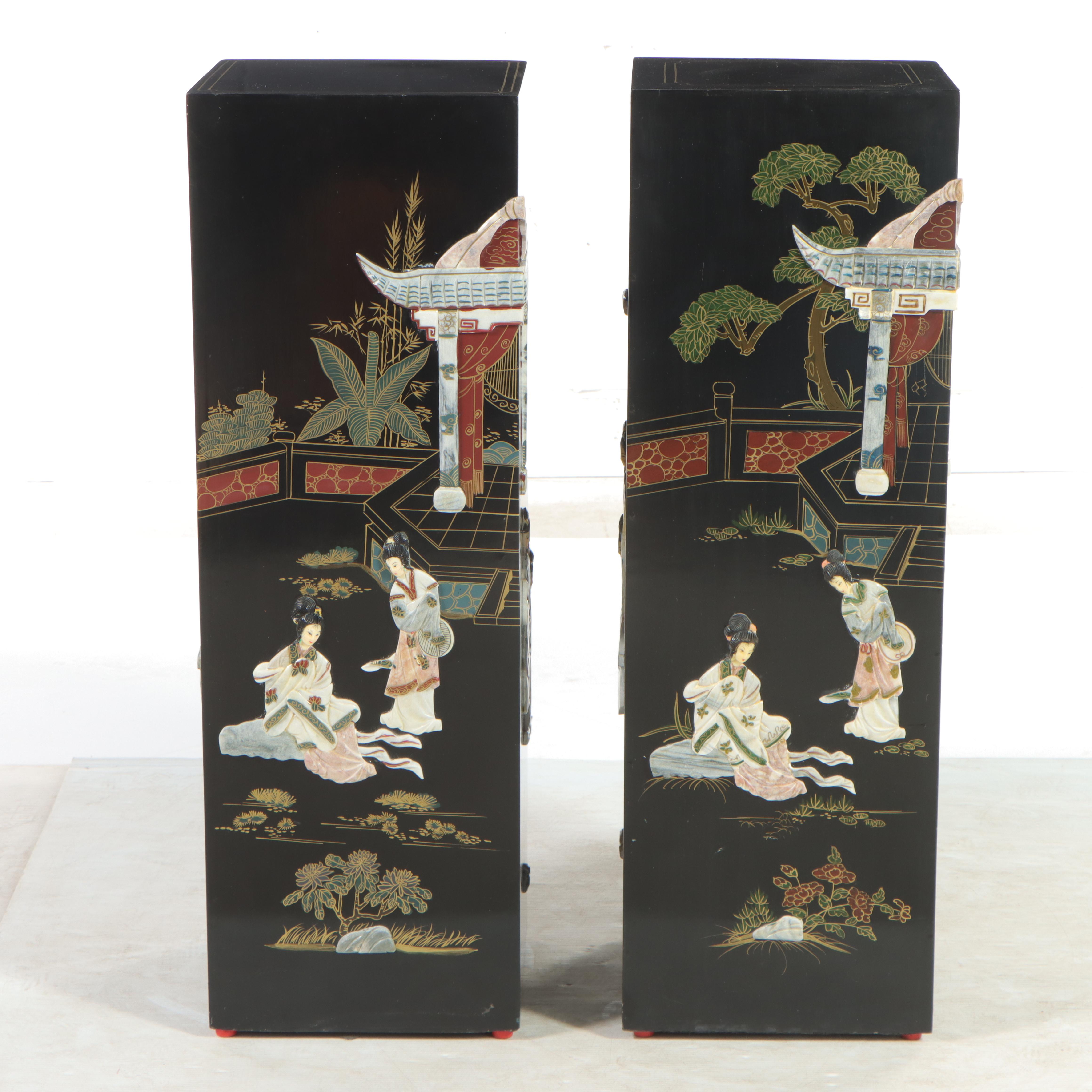 Pair of Chinoiserie Paint and Inlaid-Stone Decorated Pedestals