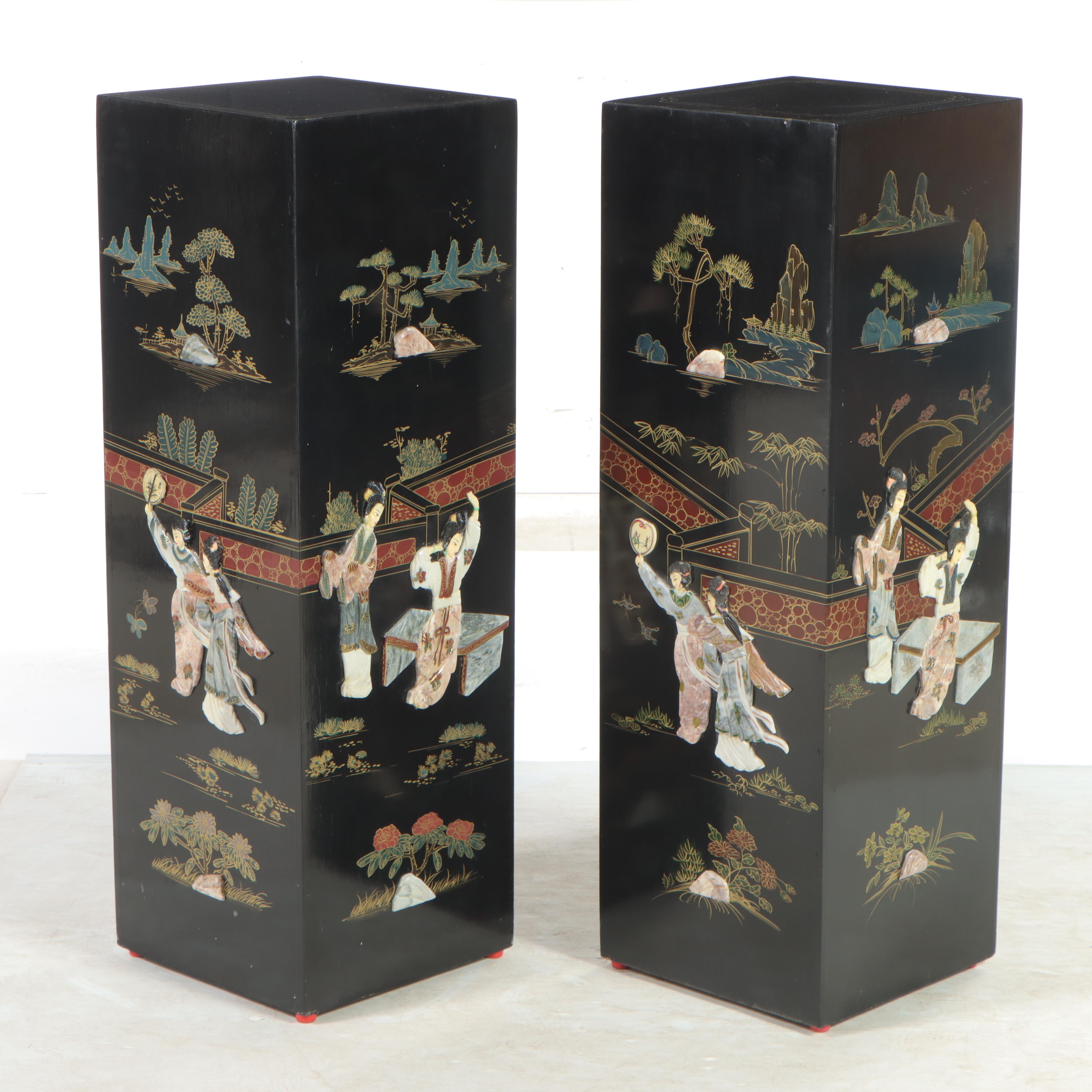 Pair of Chinoiserie Paint and Inlaid-Stone Decorated Pedestals