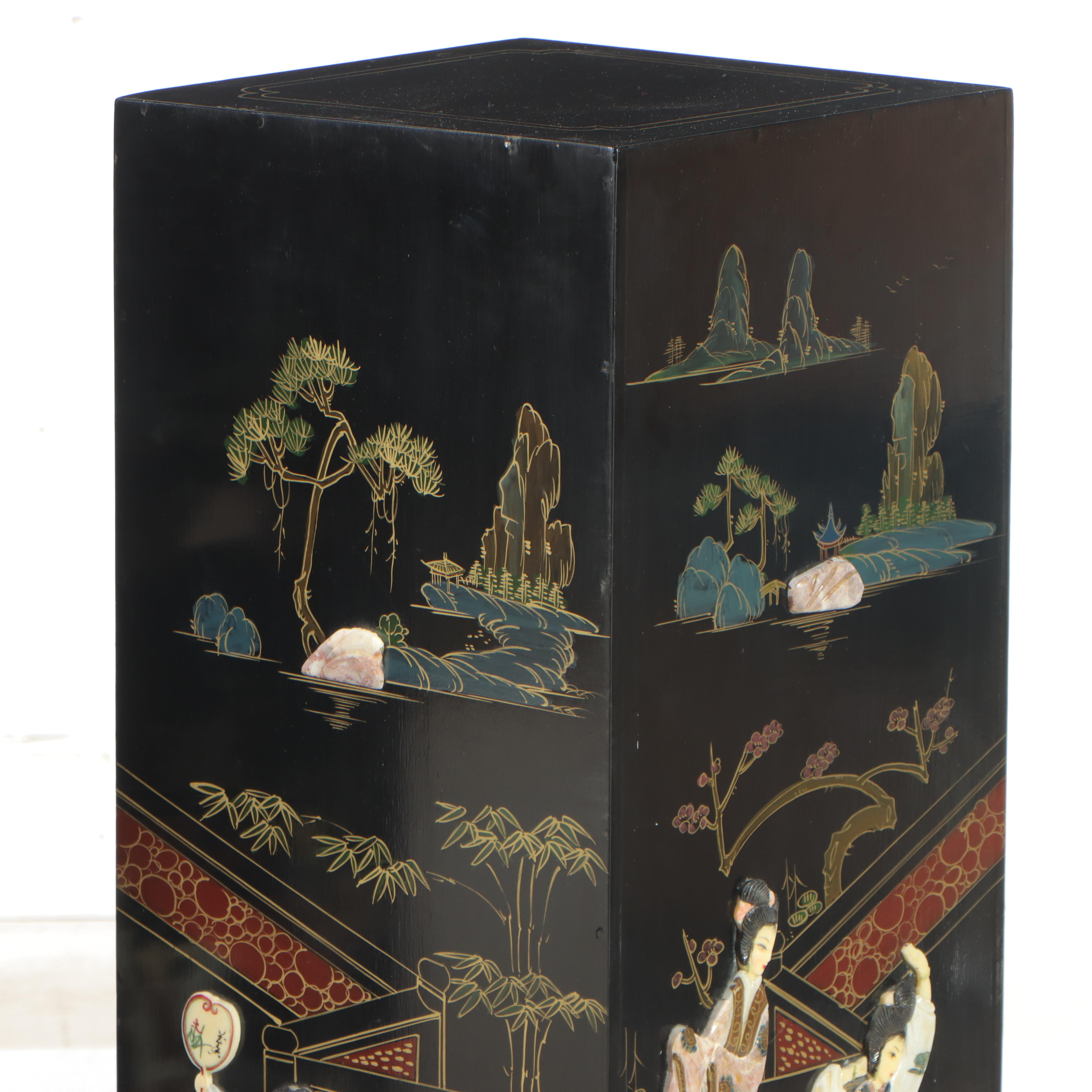 Pair of Chinoiserie Paint and Inlaid-Stone Decorated Pedestals