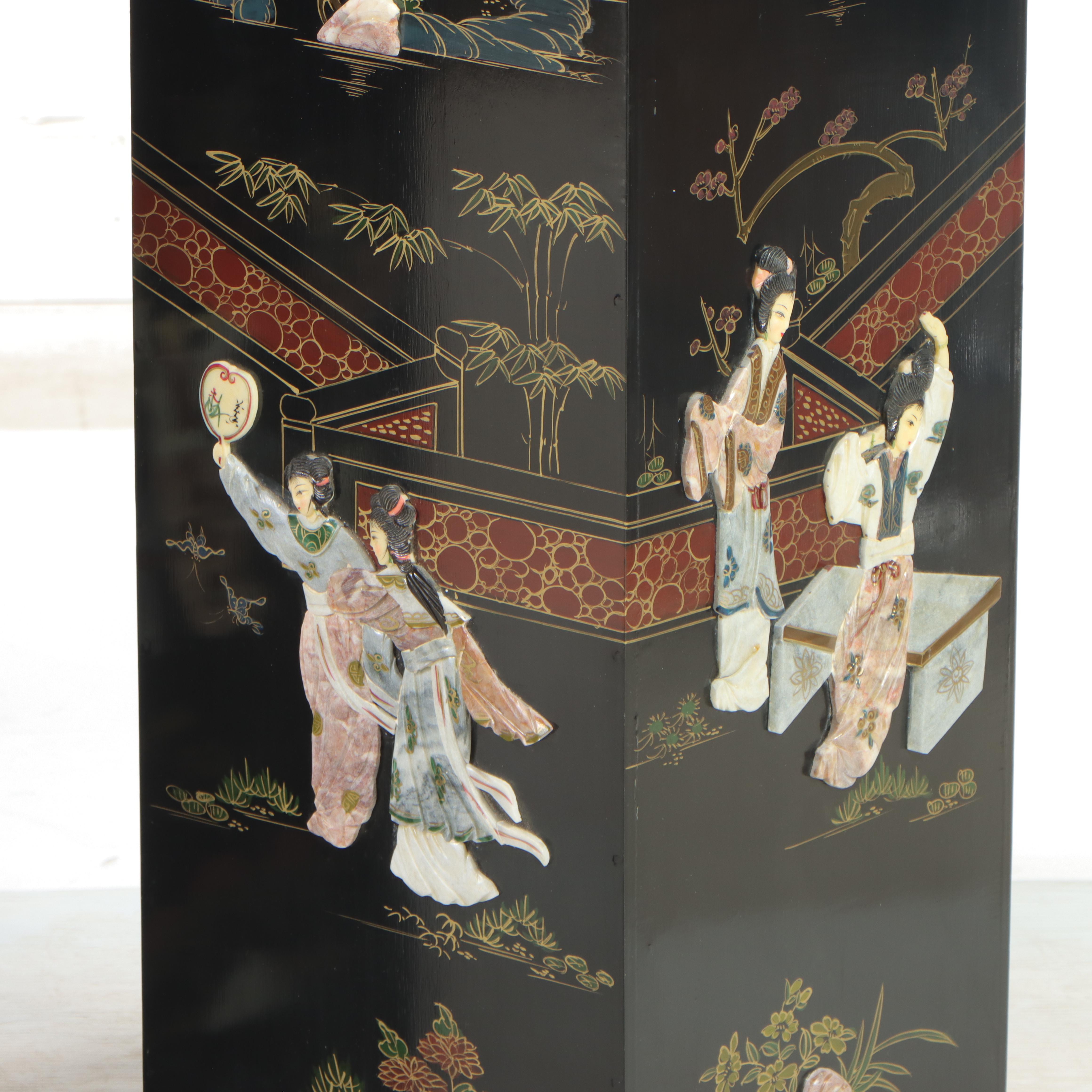 Pair of Chinoiserie Paint and Inlaid-Stone Decorated Pedestals