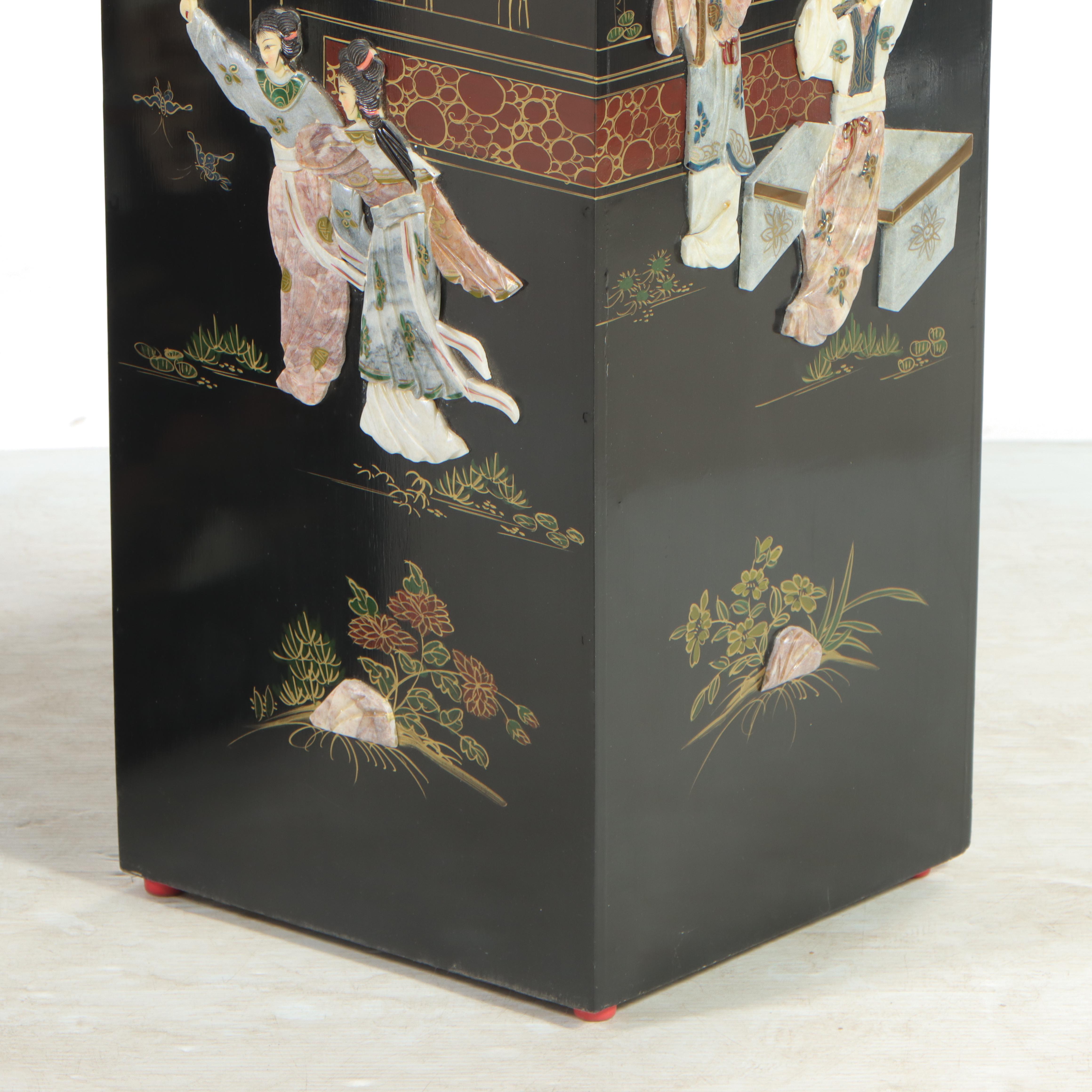 Pair of Chinoiserie Paint and Inlaid-Stone Decorated Pedestals