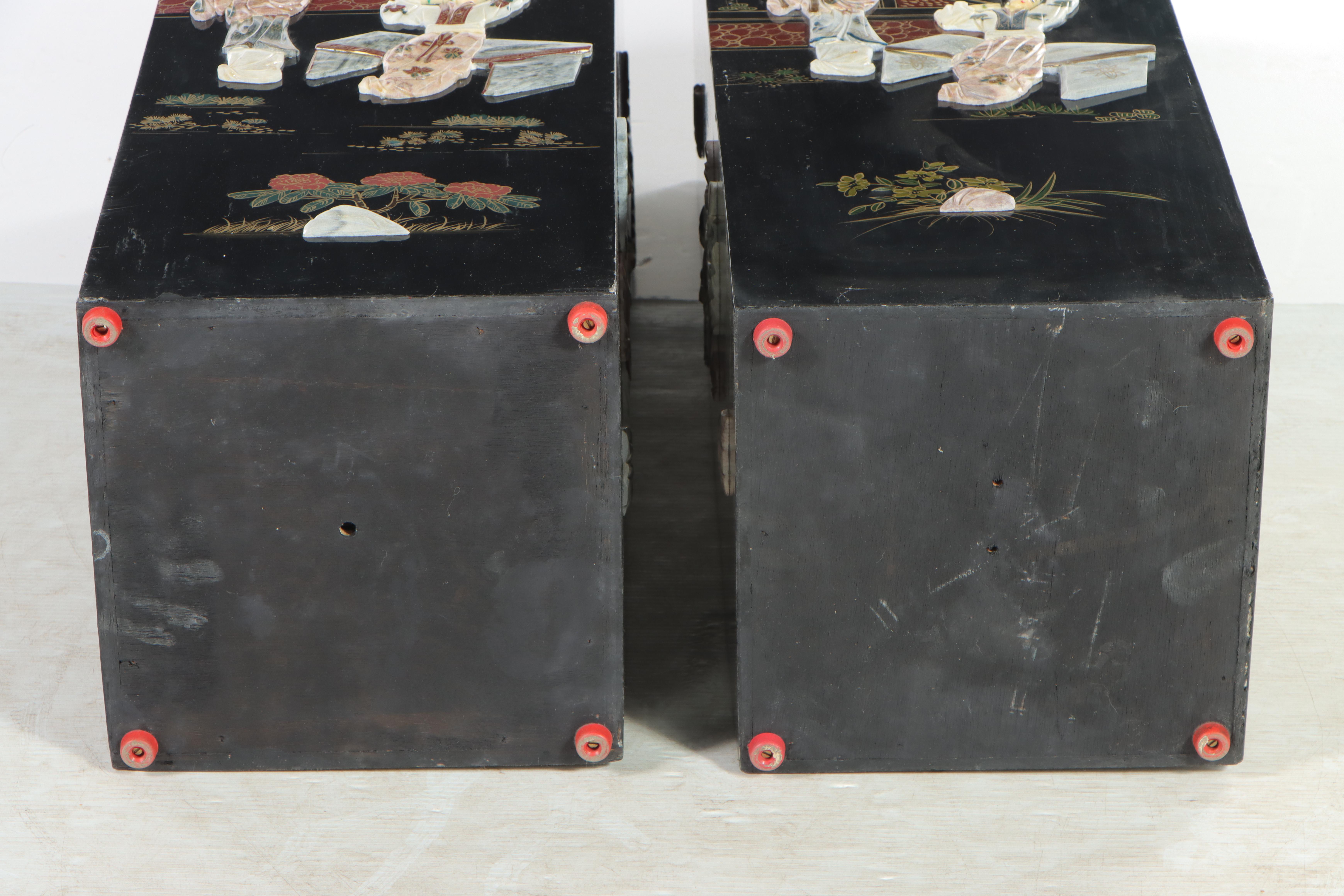 Pair of Chinoiserie Paint and Inlaid-Stone Decorated Pedestals