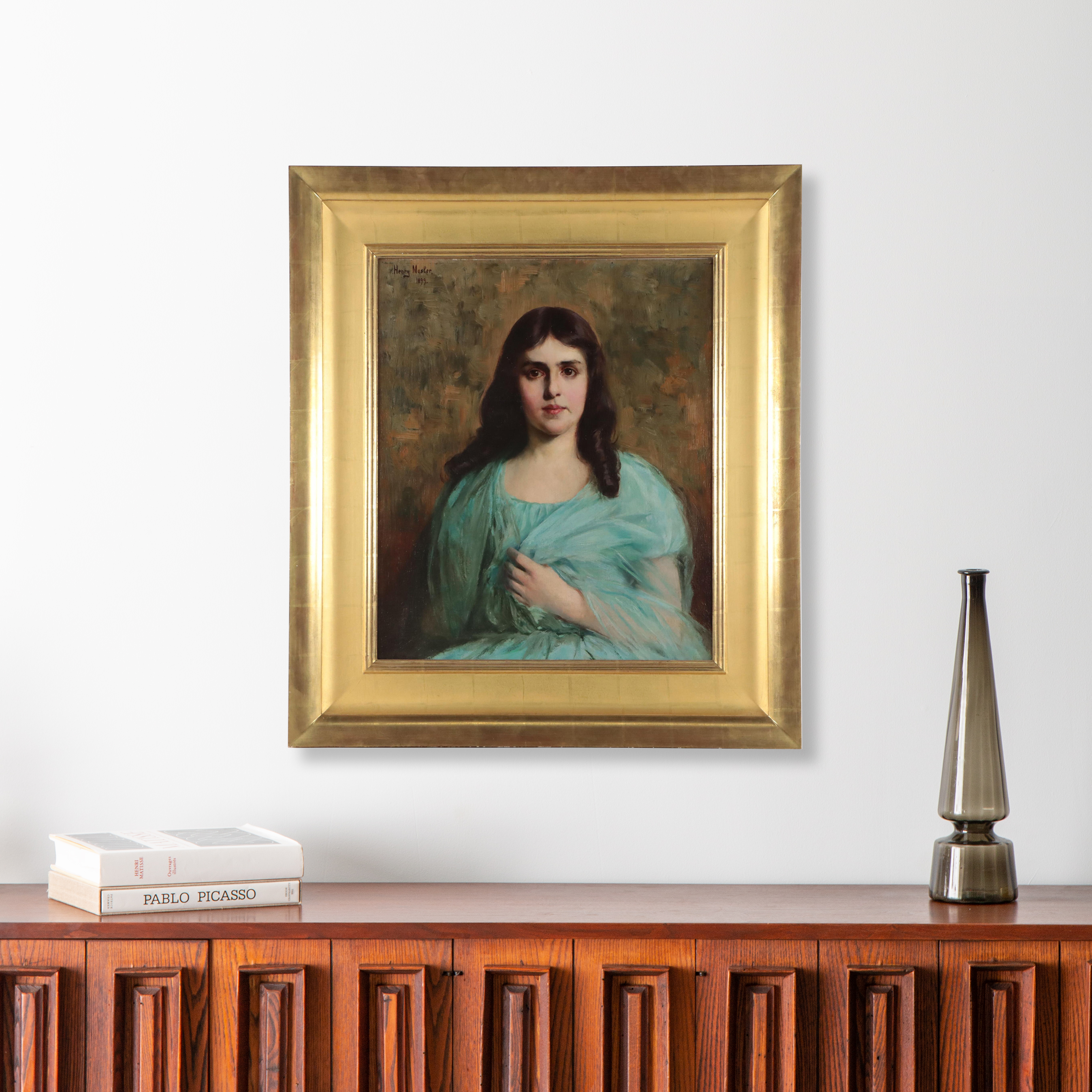 Henry Mosler Portrait Oil Painting "A Beautiful Debutante in Blue Silk Dress"