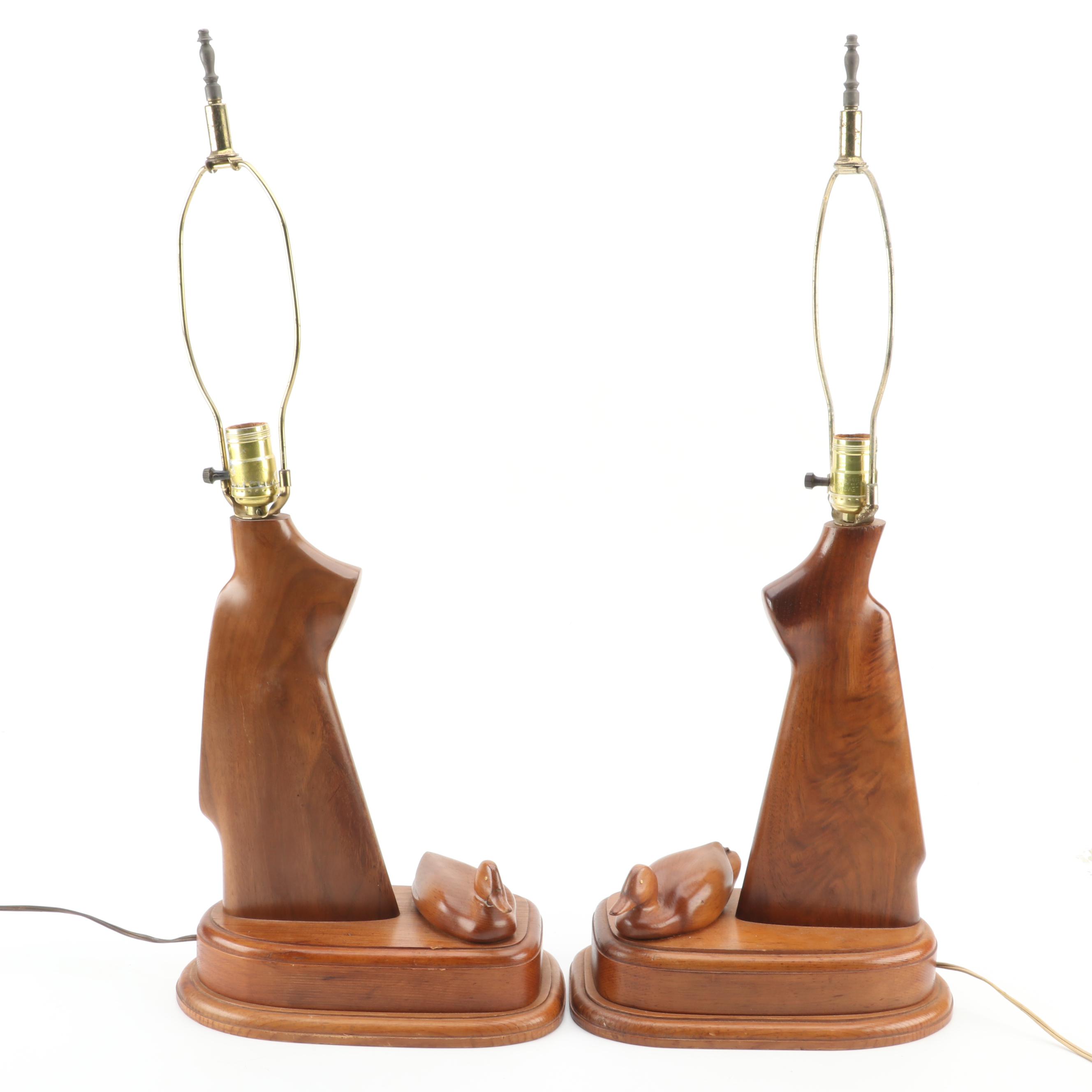 Carved Walnut Rifle Buttstock Lamps With Mini Oak Duck Decoys