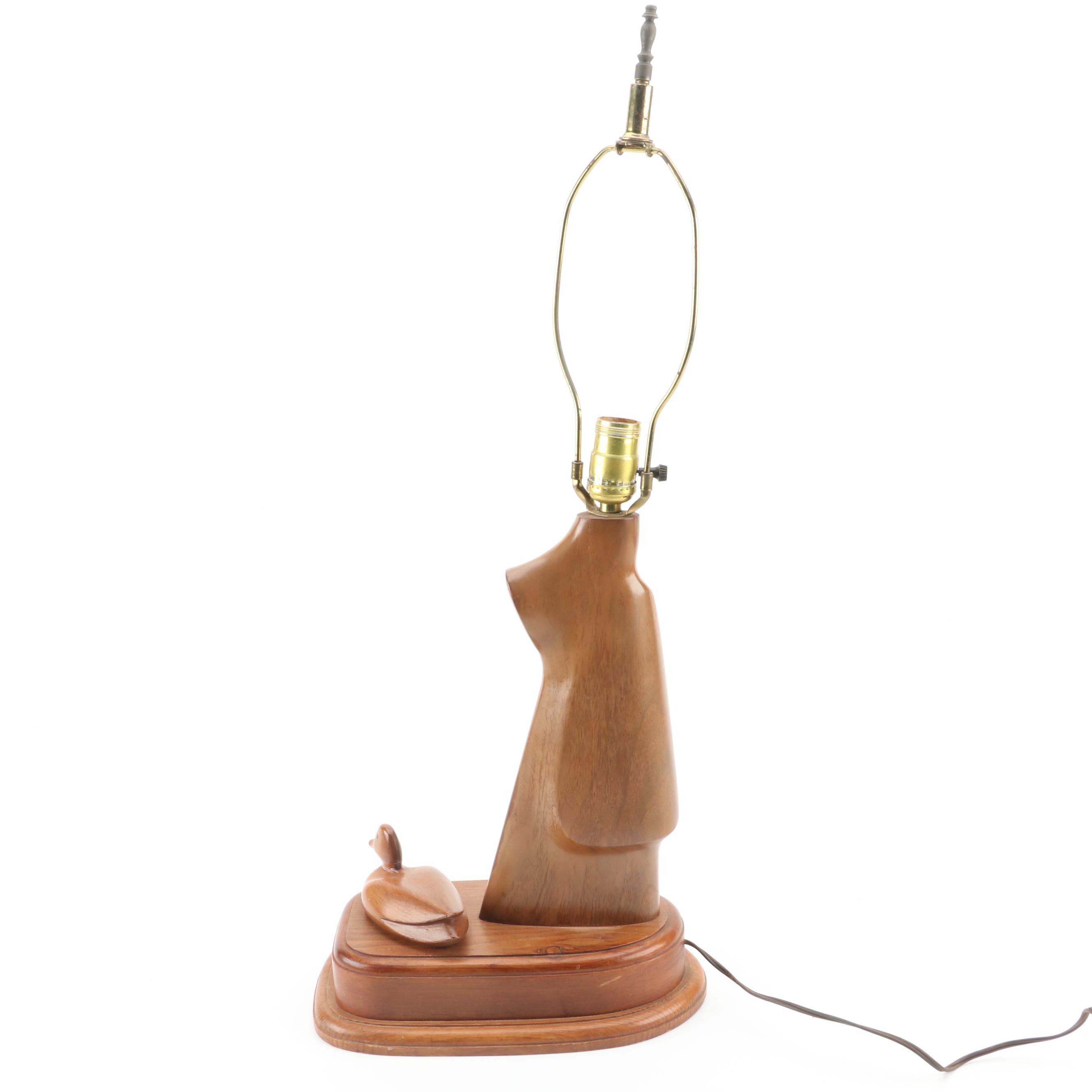 Carved Walnut Rifle Buttstock Lamps With Mini Oak Duck Decoys