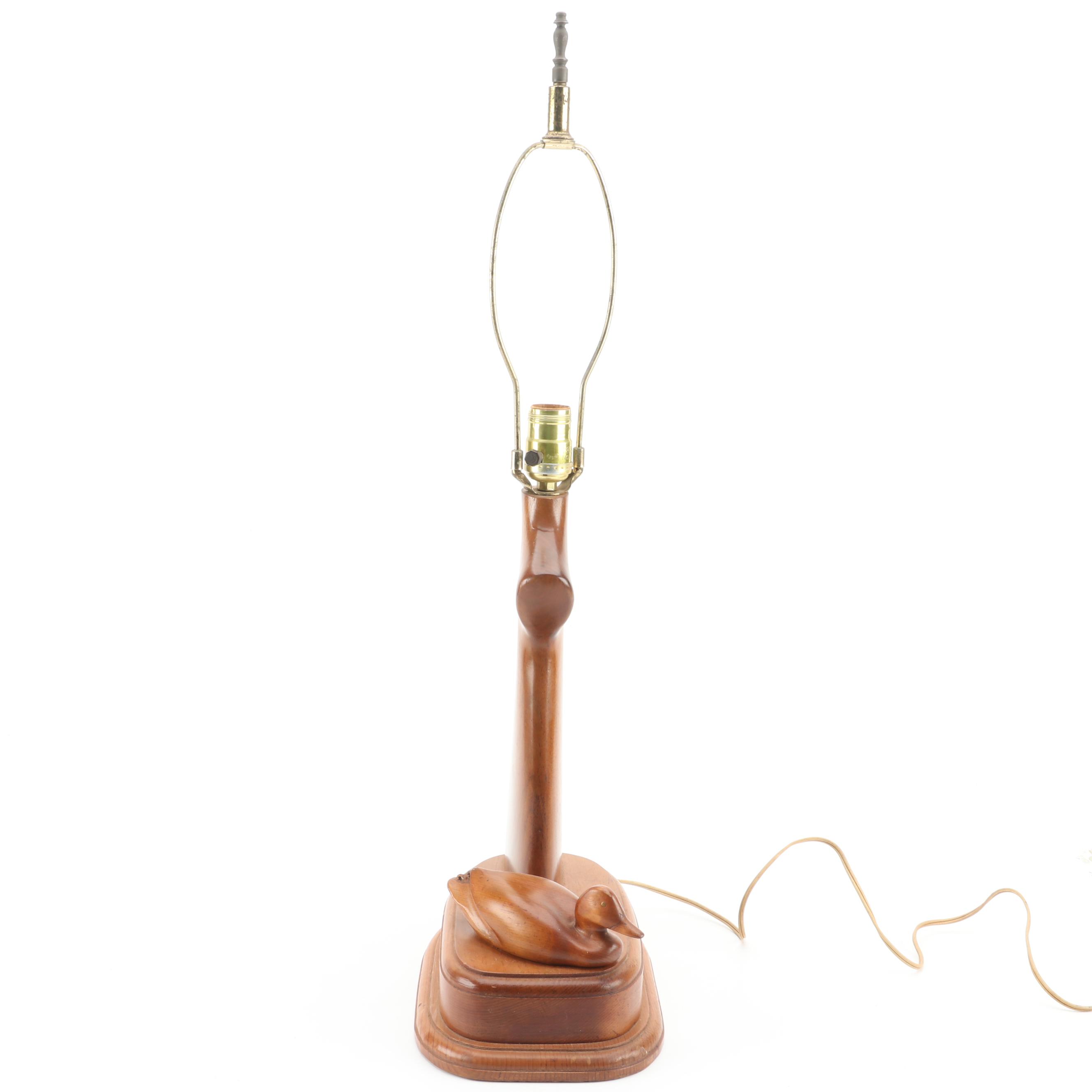 Carved Walnut Rifle Buttstock Lamps With Mini Oak Duck Decoys