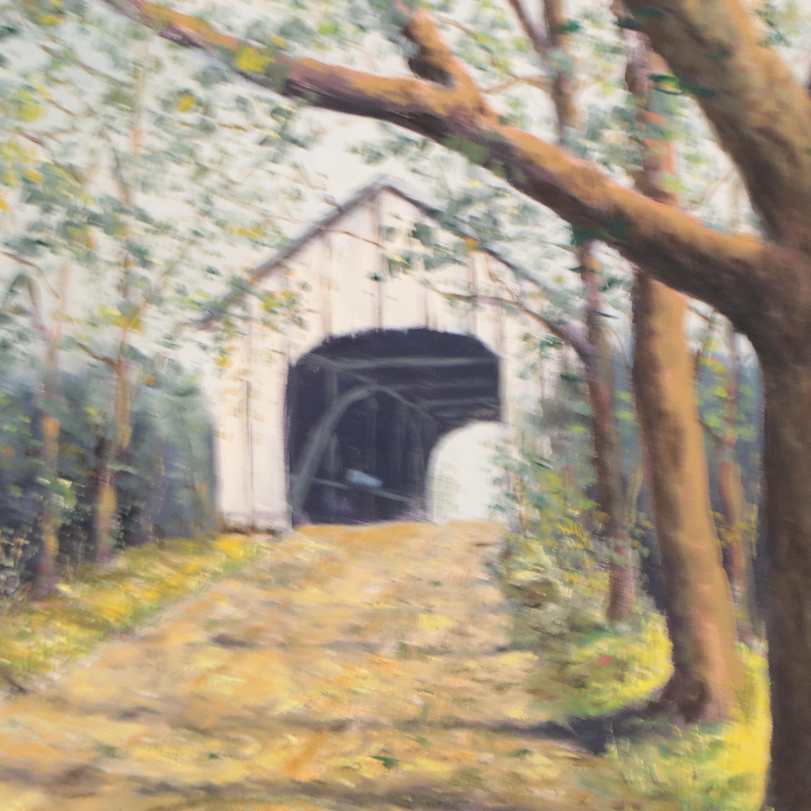 Richard Alexander Oil Painting of a Covered Bridge, 1973
