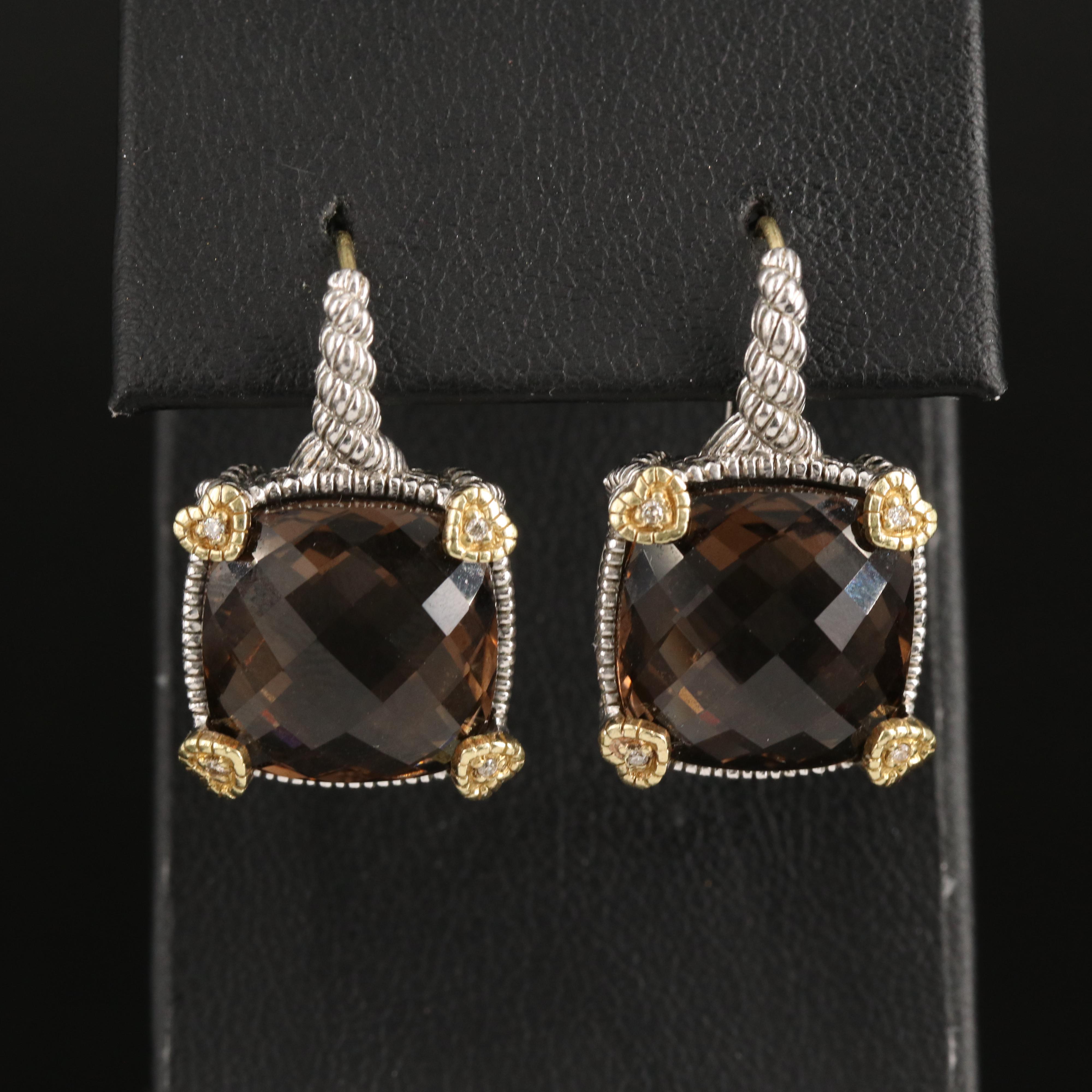 Judith Ripka Sterling Smoky Quartz and Diamond Earrings with 18K Accents