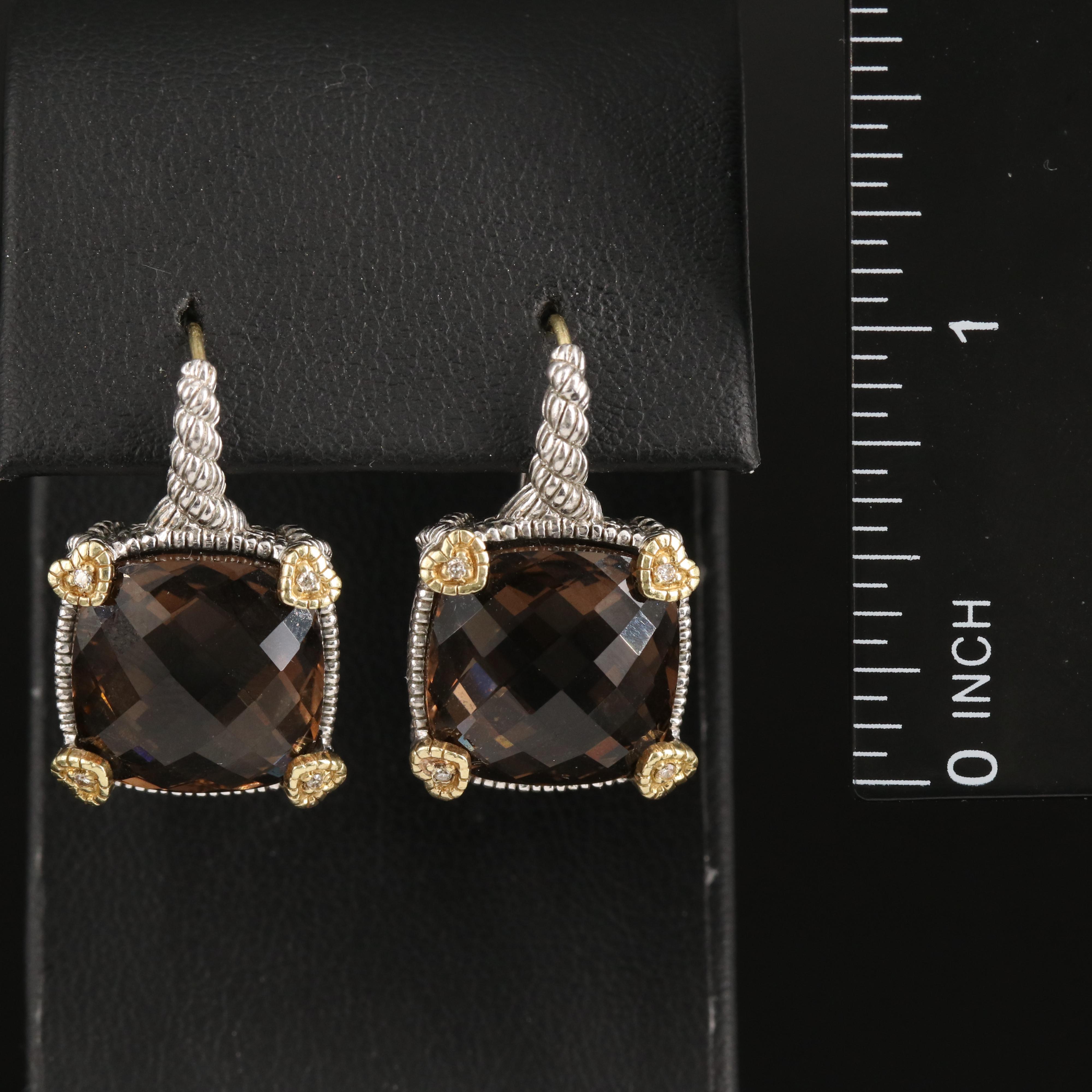 Judith Ripka Sterling Smoky Quartz and Diamond Earrings with 18K Accents