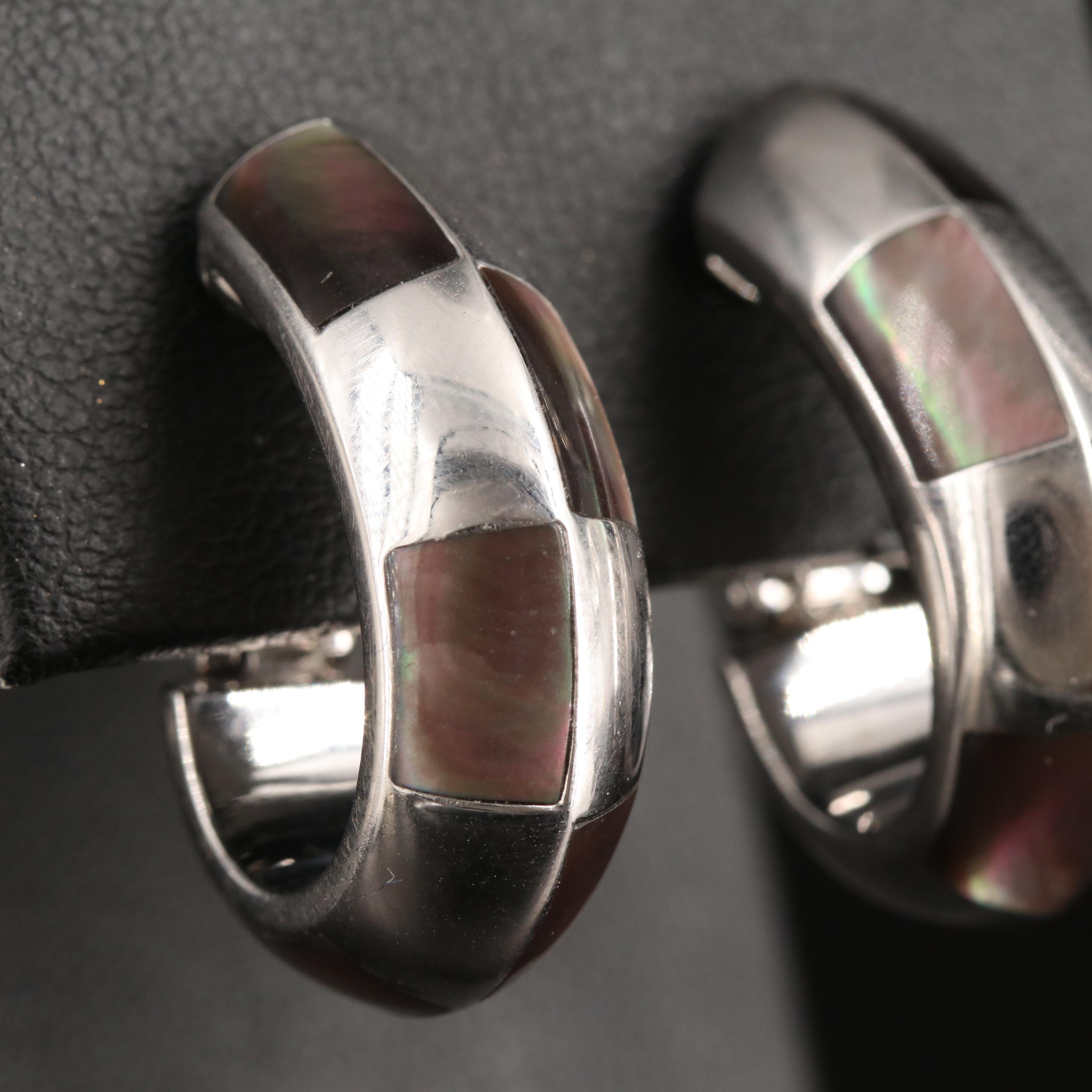 French 18K Mother-of-Pearl Inlay J Hoop Earrings