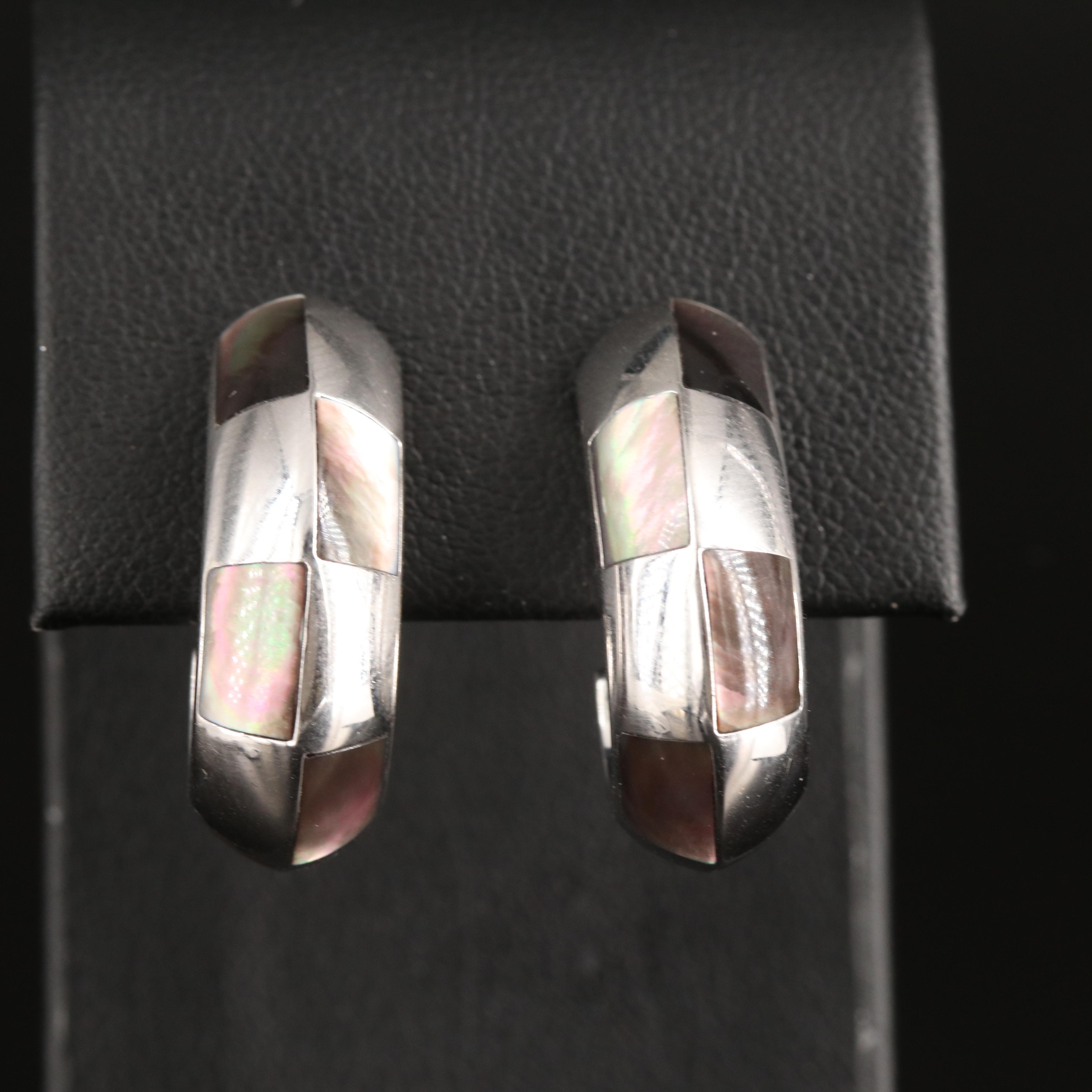 French 18K Mother-of-Pearl Inlay J Hoop Earrings