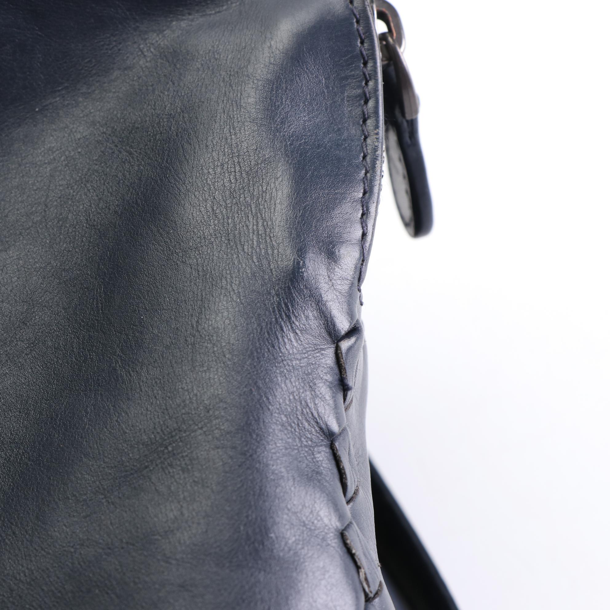 Bottega Veneta Medium Satchel in Dark Blue Intrecciato Leggero Leather