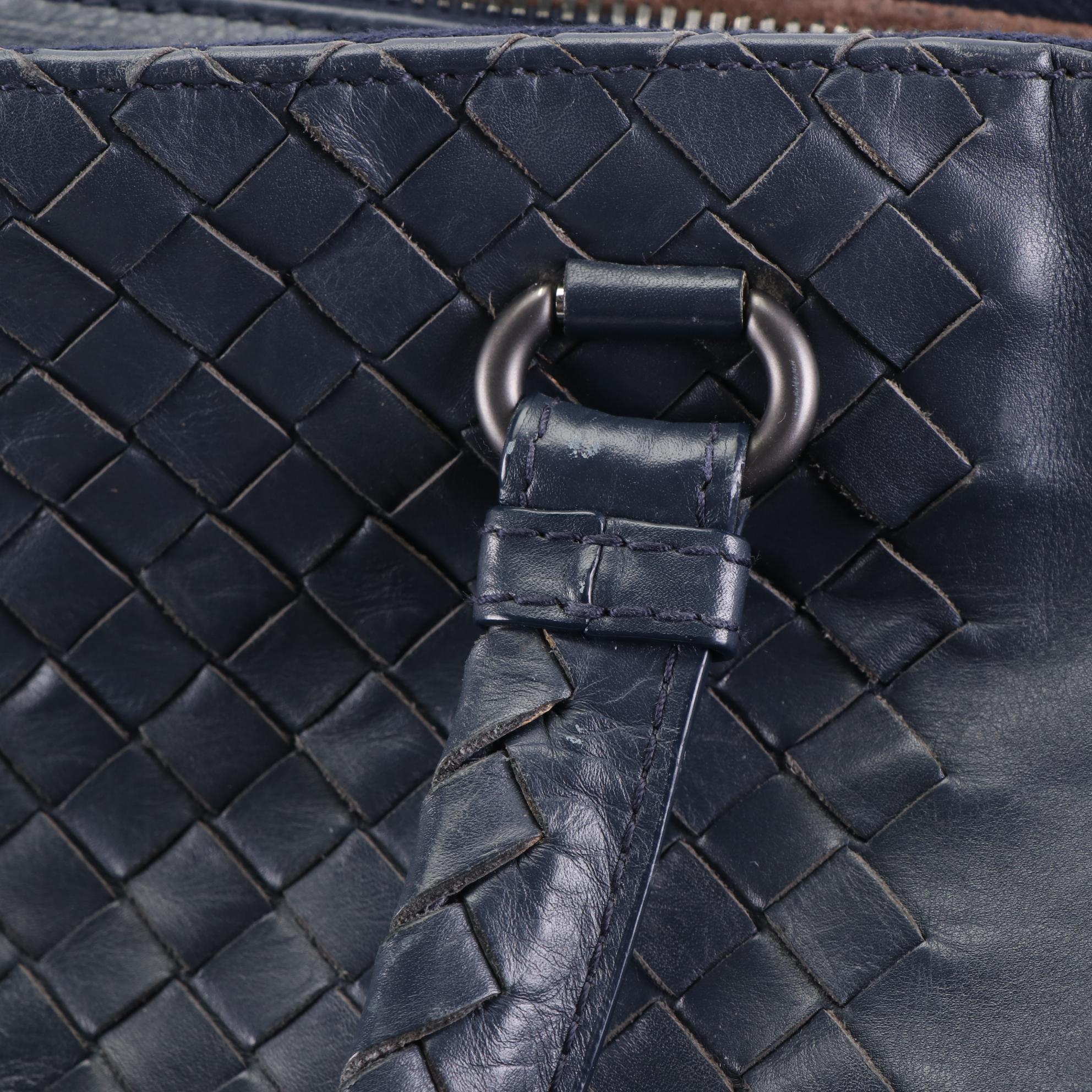 Bottega Veneta Medium Satchel in Dark Blue Intrecciato Leggero Leather