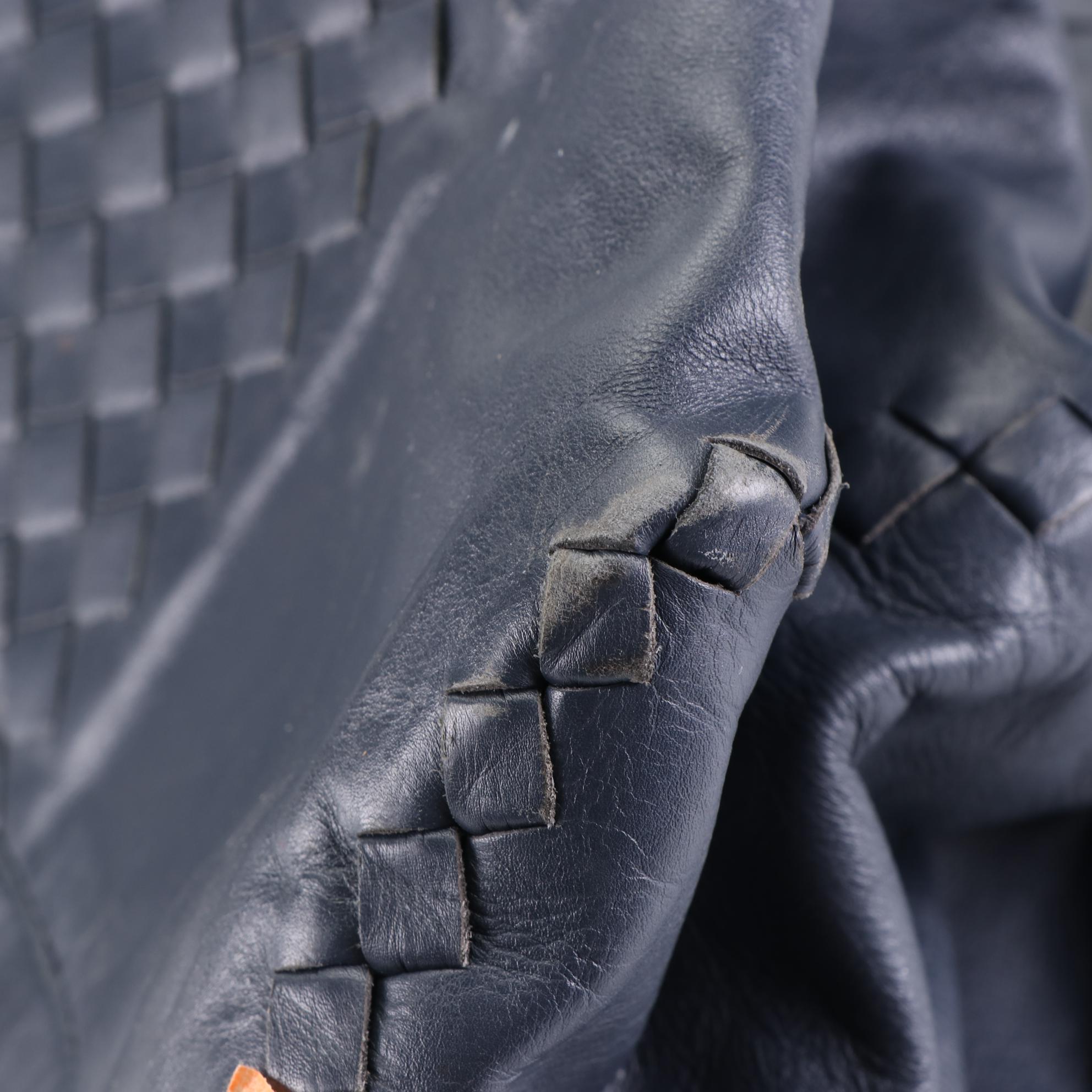 Bottega Veneta Medium Satchel in Dark Blue Intrecciato Leggero Leather