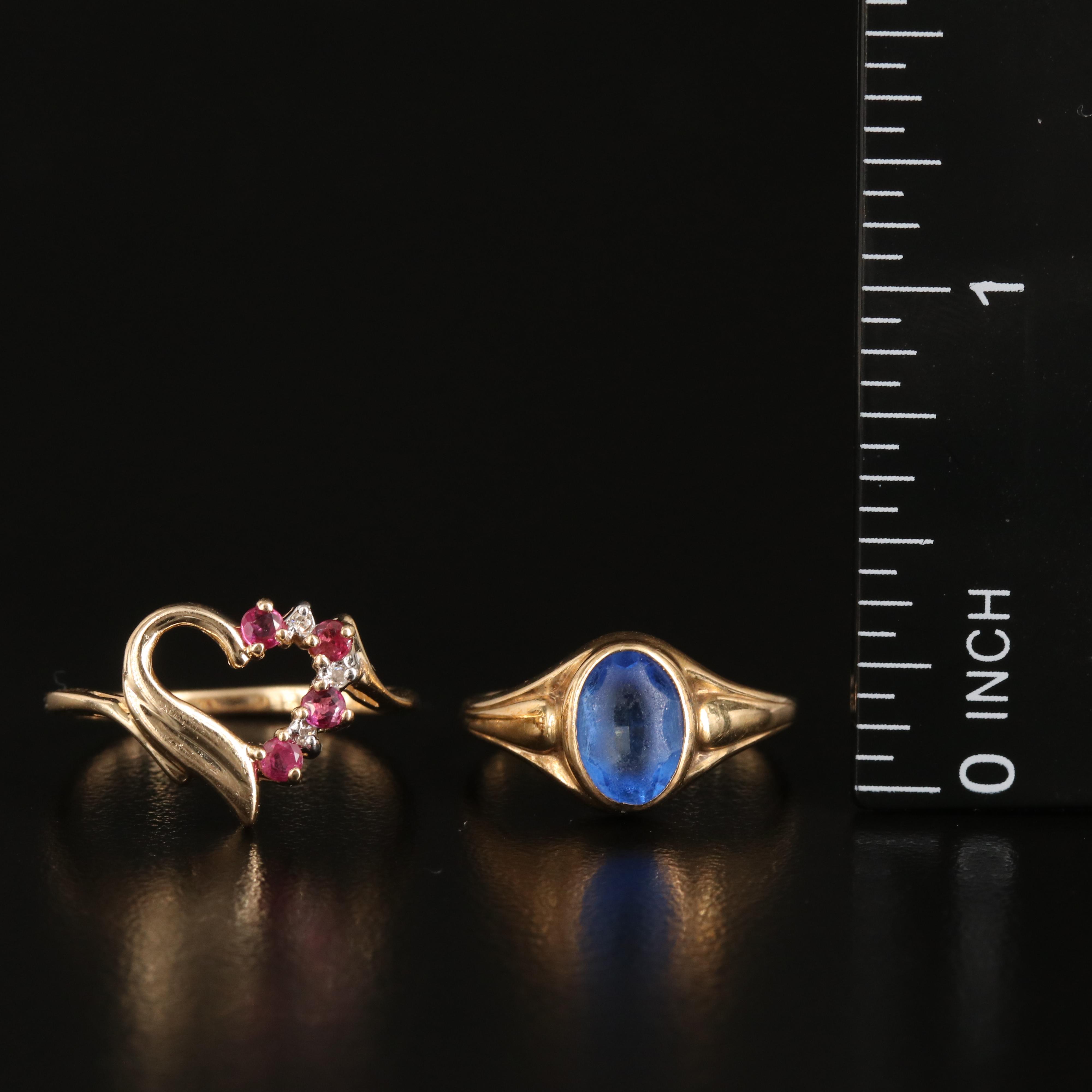 14K Ruby and Diamond Heart Ring with 10K Glass Oval Ring