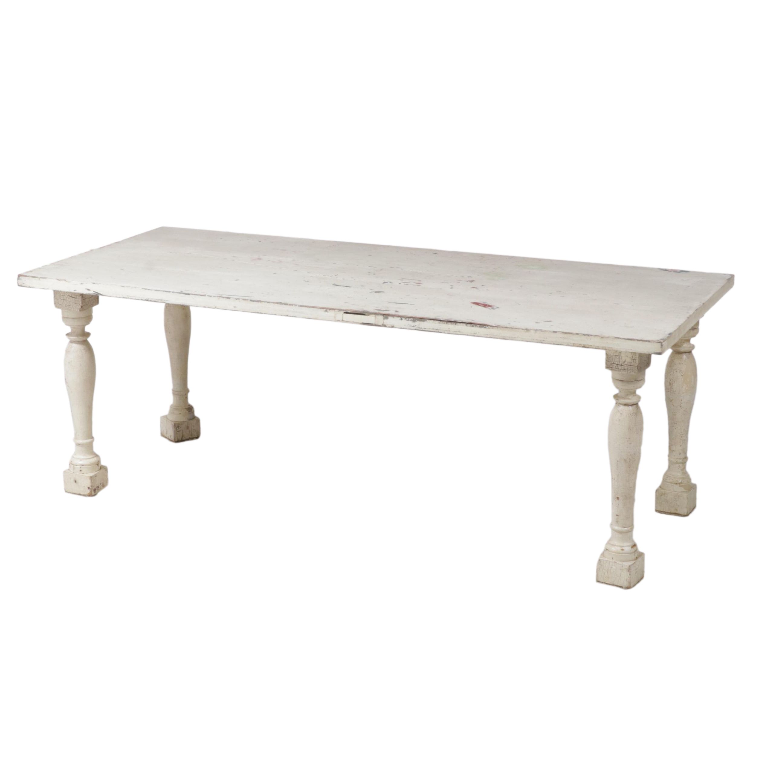 Distressed White-Painted Antique Door and Baluster Legged Composite Table