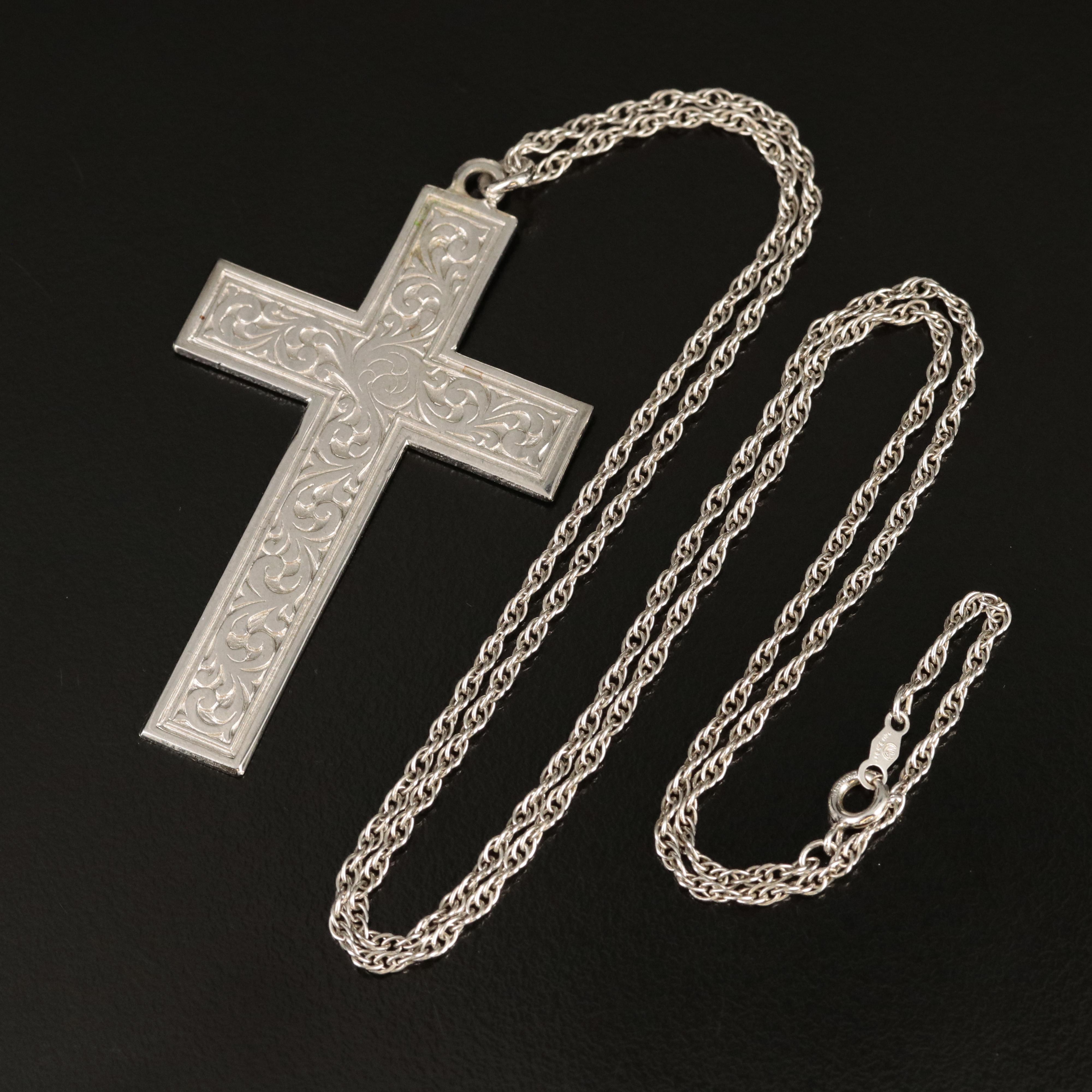 Sterling Cross Pendant Necklace with Acanthus Detail
