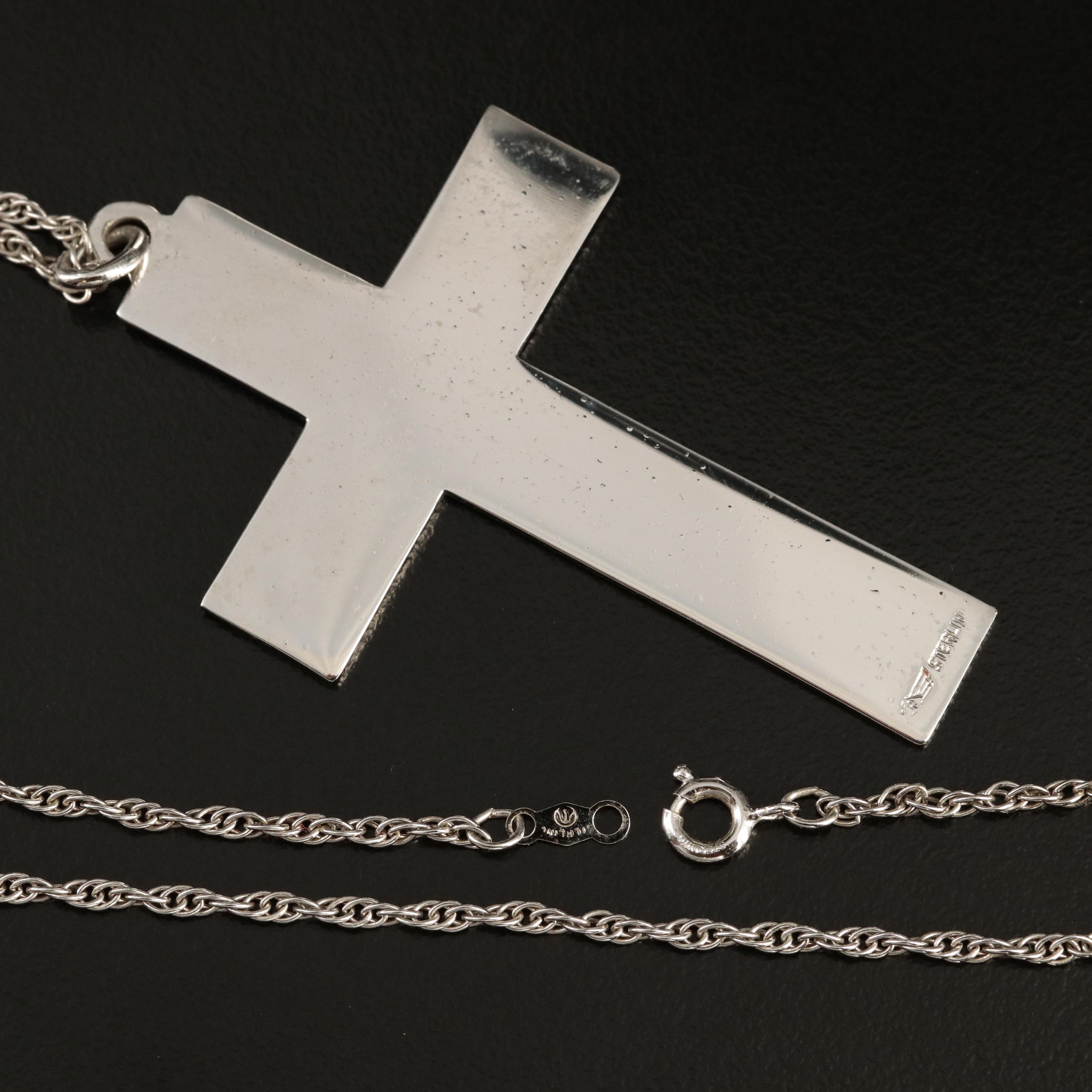 Sterling Cross Pendant Necklace with Acanthus Detail